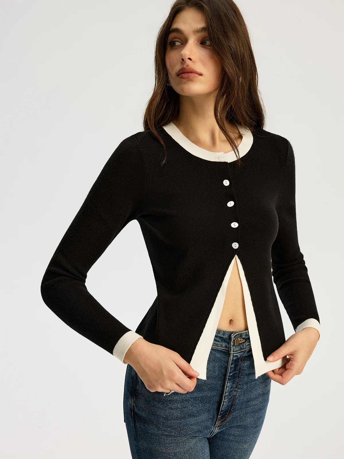 2 in 1 Contrast Trim Slit Knit Top - Wholesalesil