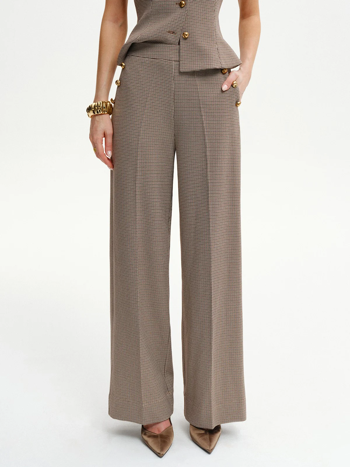 Houndstooth Metal Detail Mid-Waist Pants - Wholesalesil
