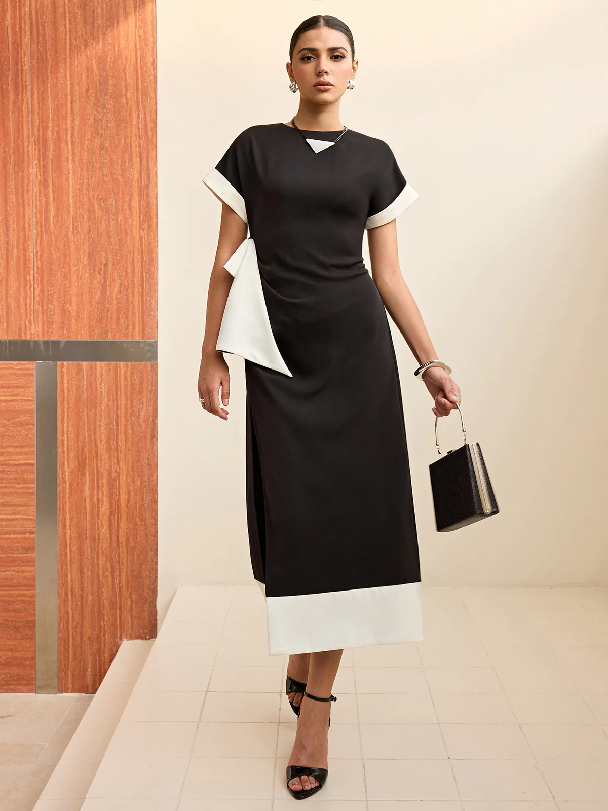 Contrast Trim Bow Slit Midi Dress - Wholesalesil