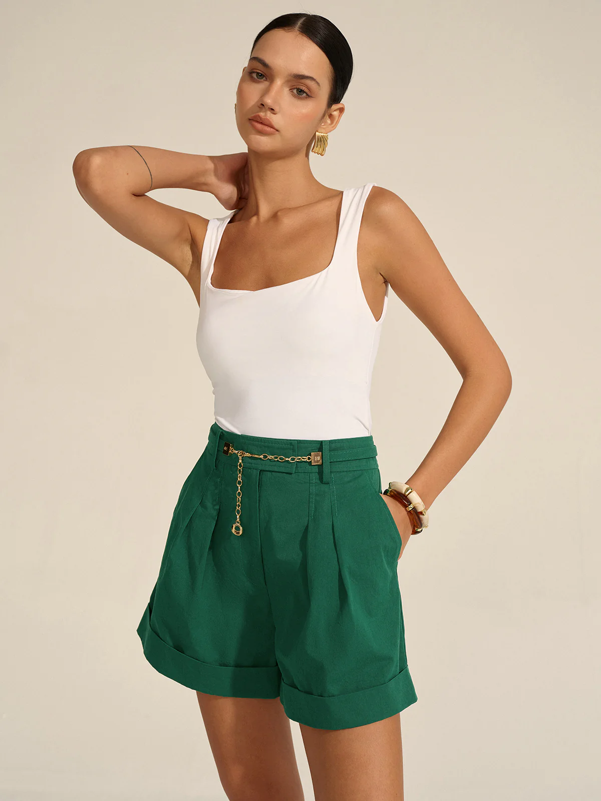 Pleated Cuffed Shorts with Gold Chain Detail - Wholesalesil