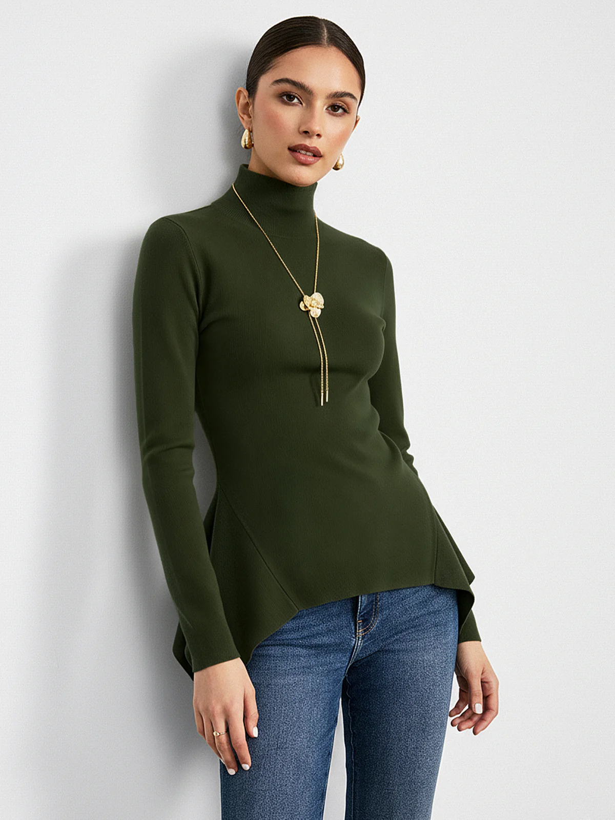 Turtleneck Asymmetric Peplum Sweater - Wholesalesil