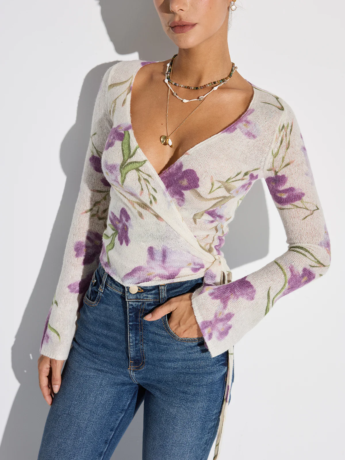 Floral Print Wrap Tie Knit Top - Wholesalesil