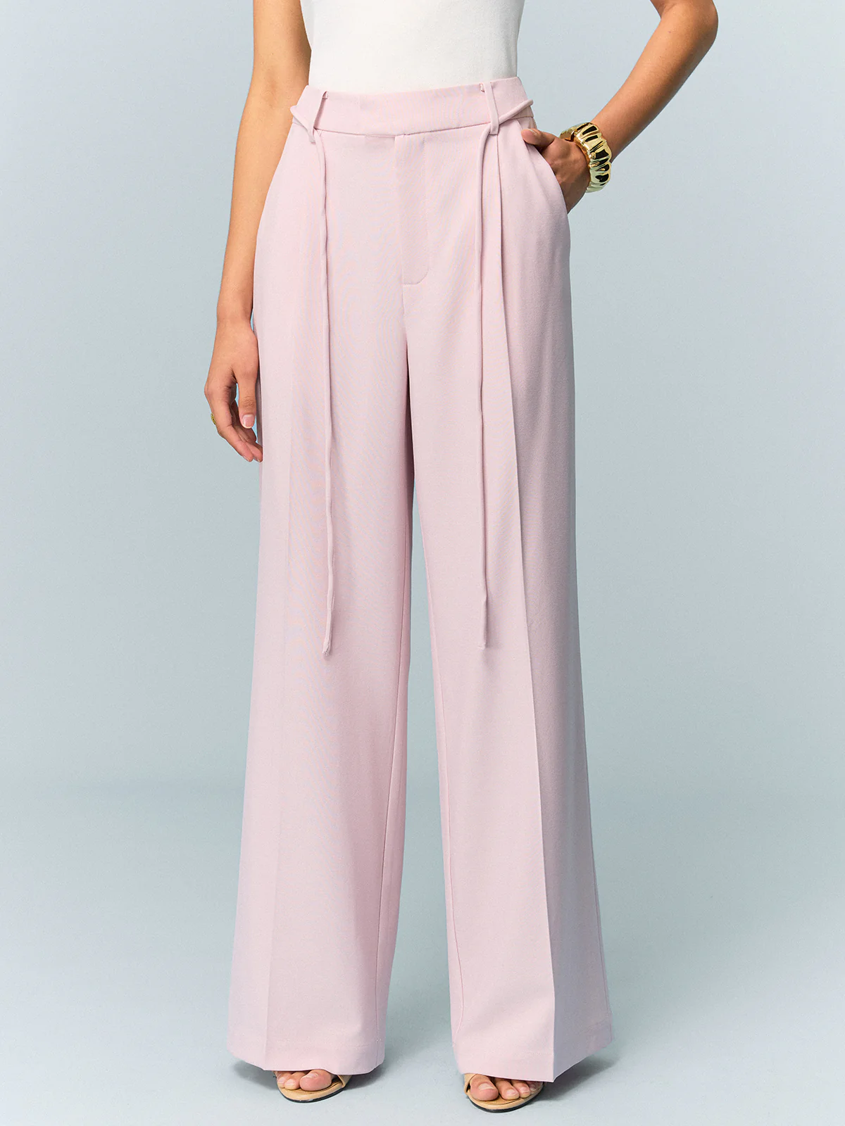 Mid-Waisted Wide-Leg Pants with Tie Detail - Wholesalesil