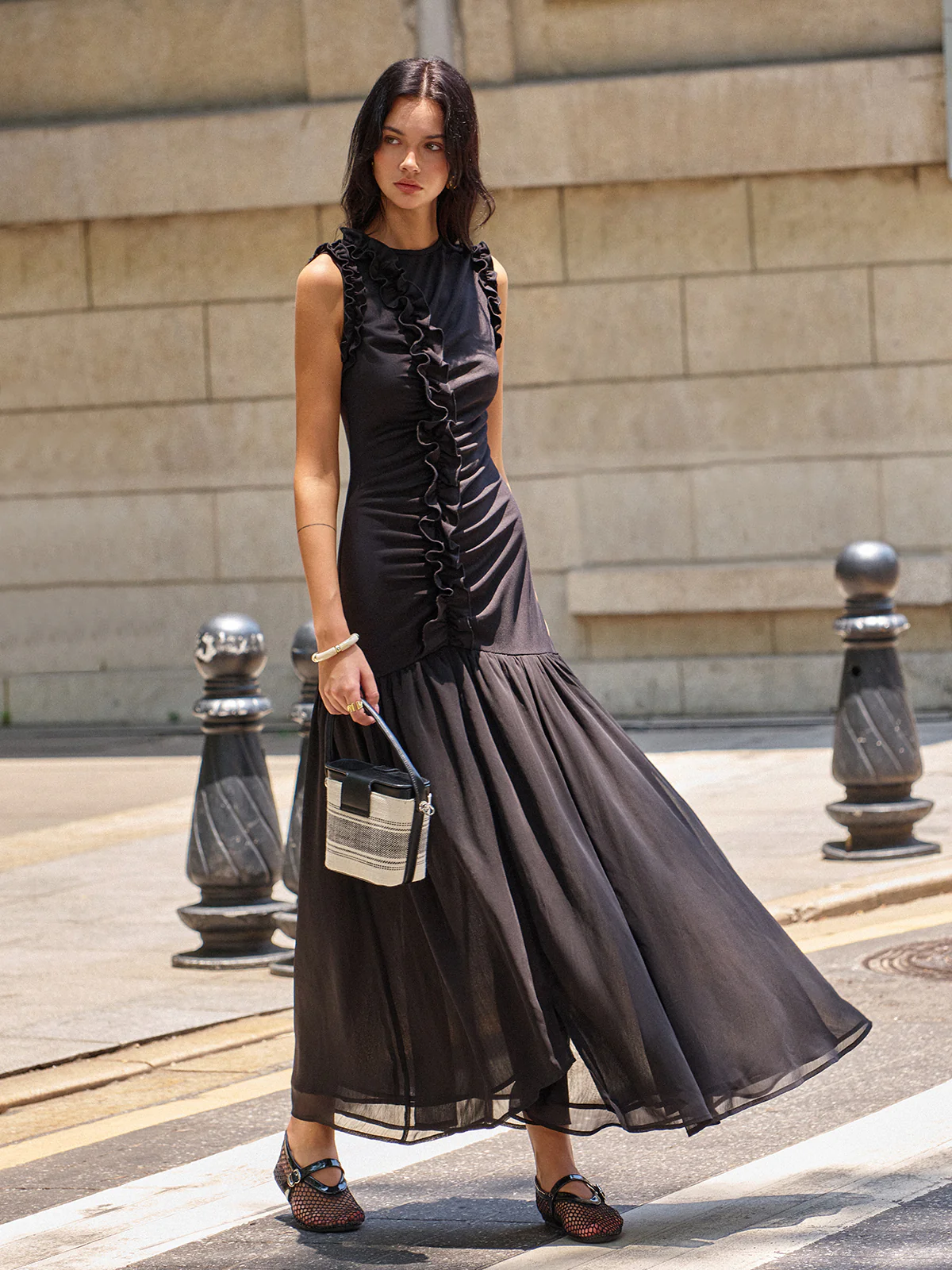 Ruffled Detail Ruched-Front Maxi Dress - Wholesalesil