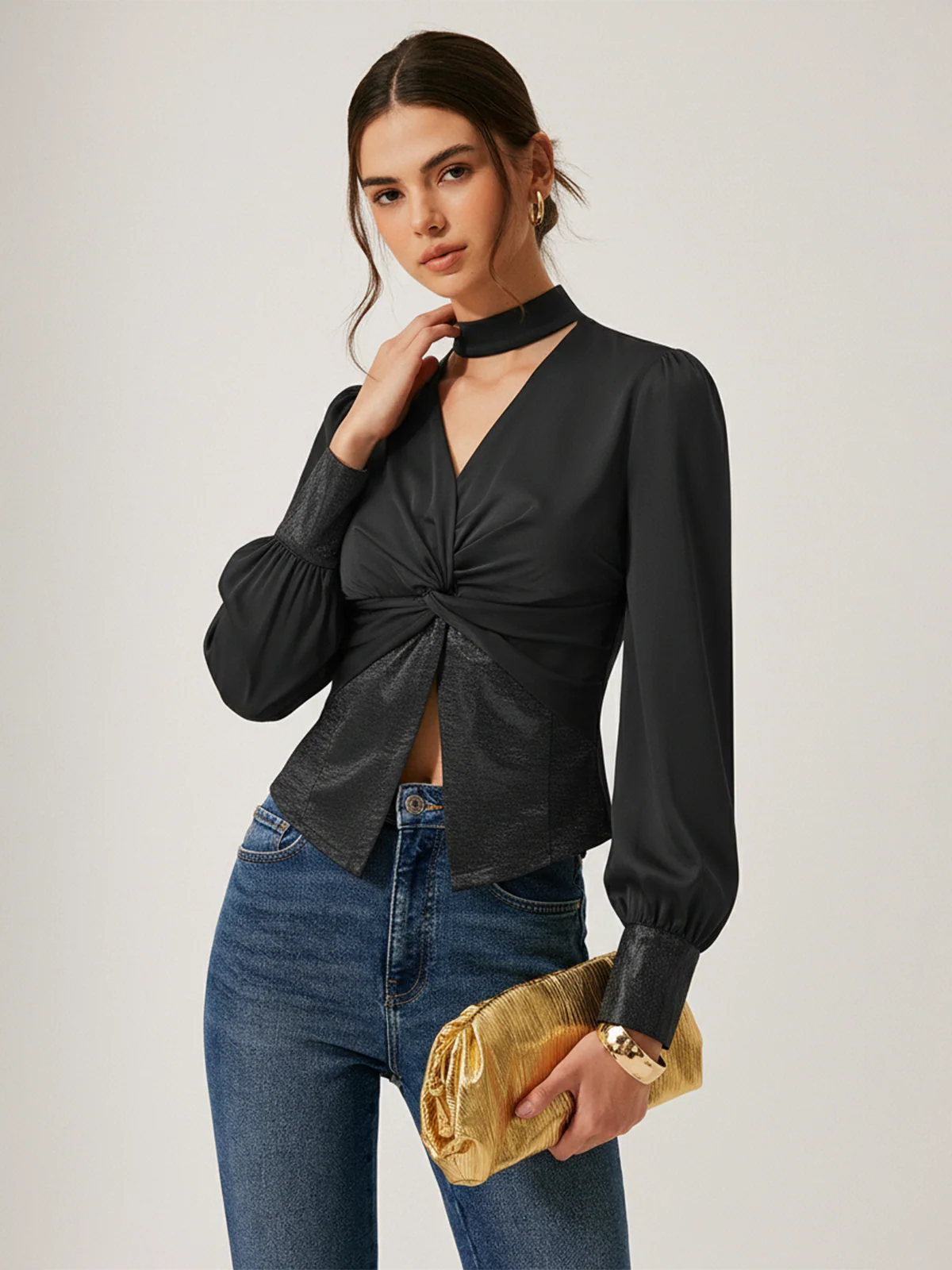 Satin Twisted Front Cropped Blouse - Wholesalesil
