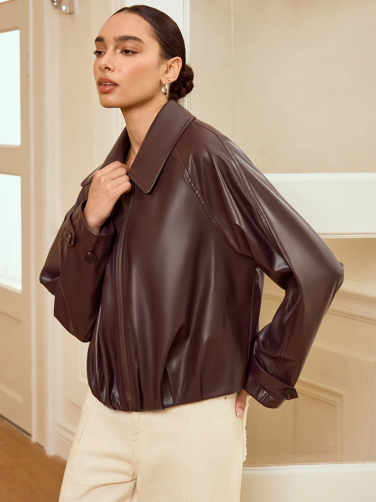 Collared Zip-Up Faux Leather Jacket - Wholesalesil