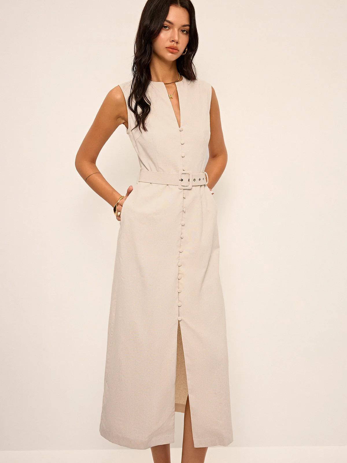 Cotton & Linen Blend V-Neck Belted Midi Dress - Wholesalesil