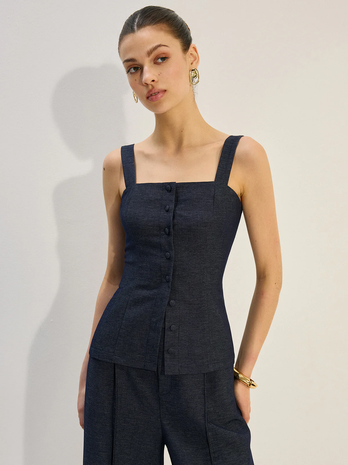 Button-Front Denim Vest Top - Wholesalesil