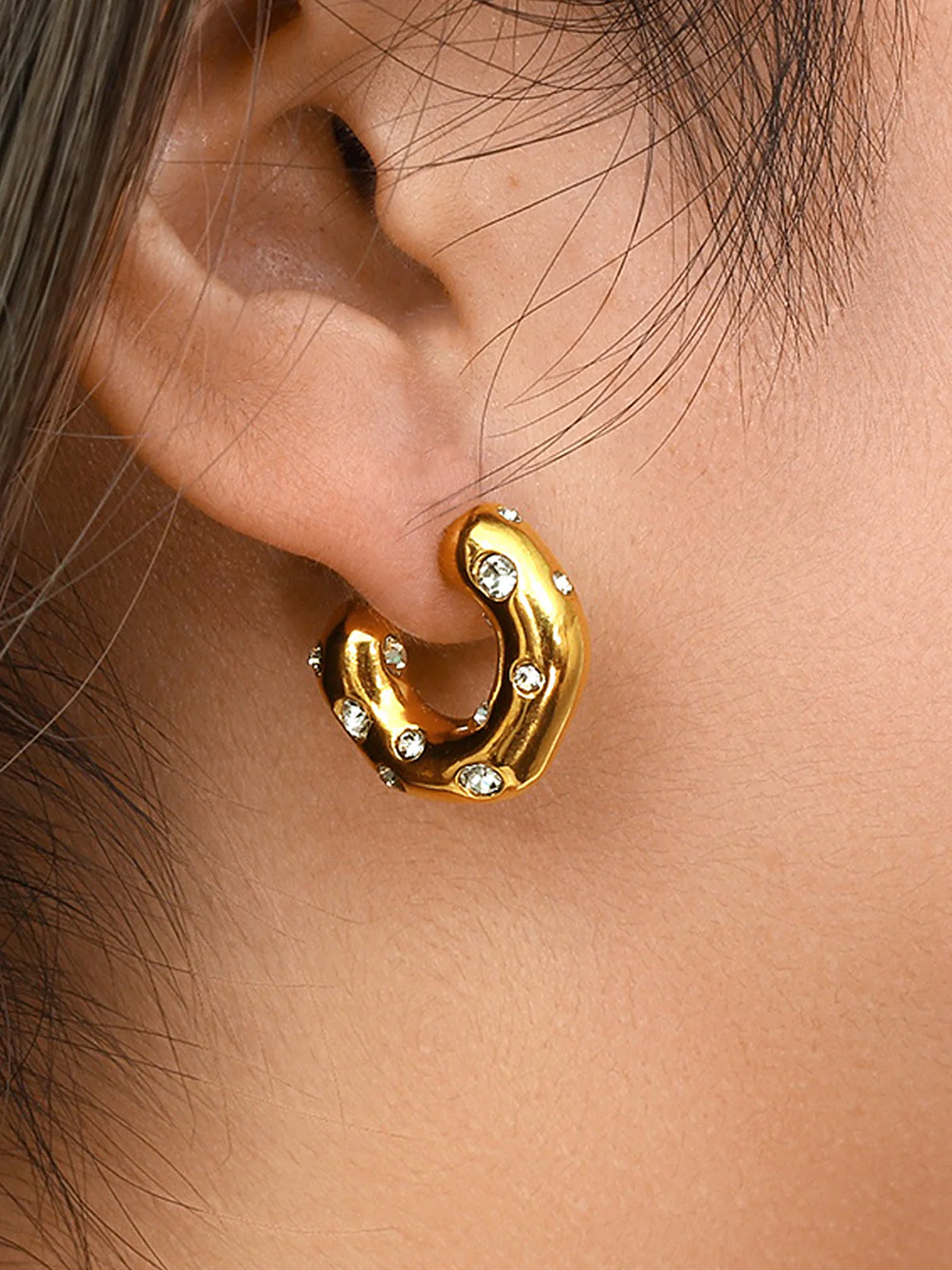 Irregular Hoop Earrings with Crystal Embellishments - Wholesalesil