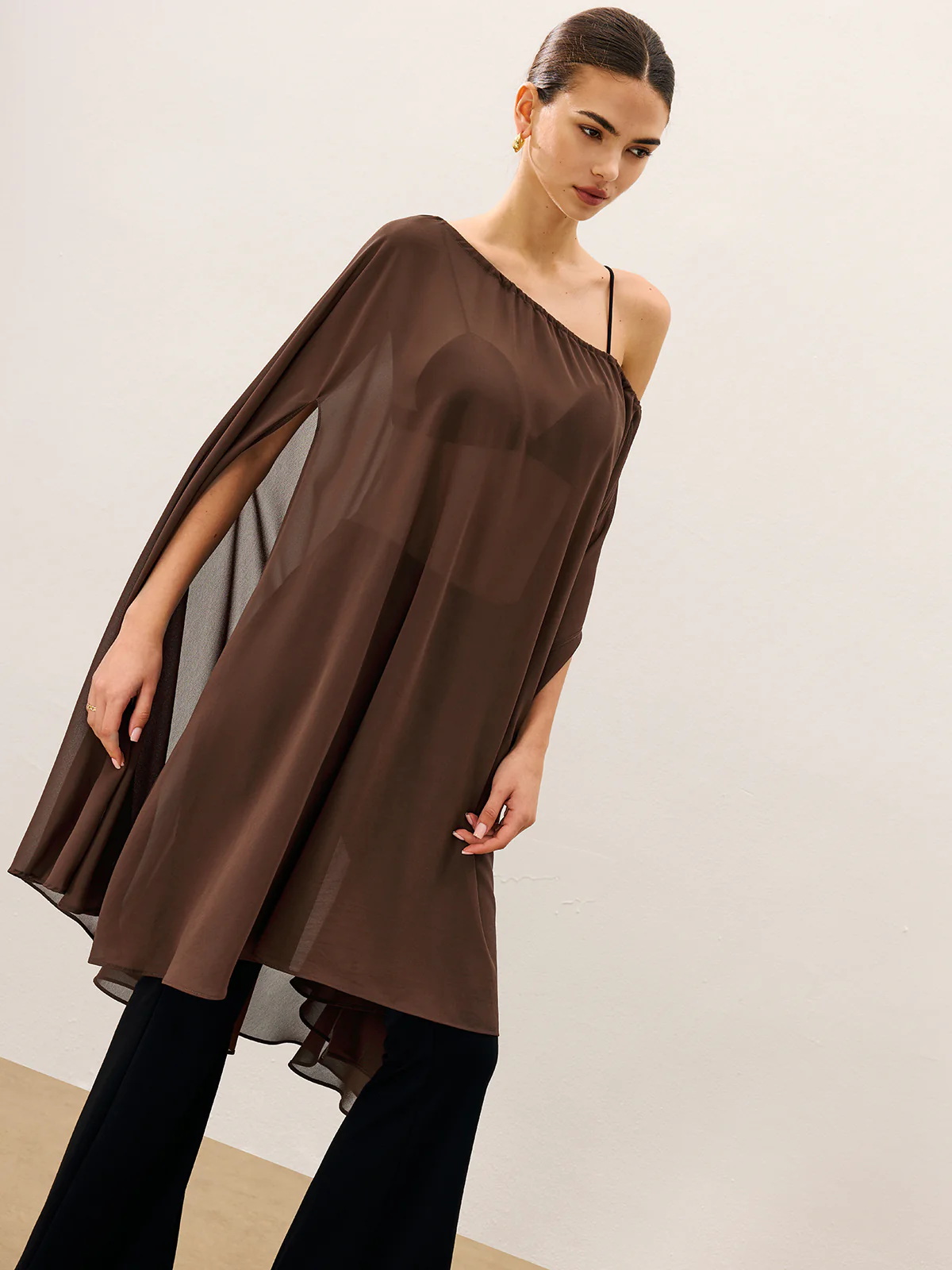 Cape-Style Semi Sheer Chiffon Blouse With Tie Detail - Wholesalesil