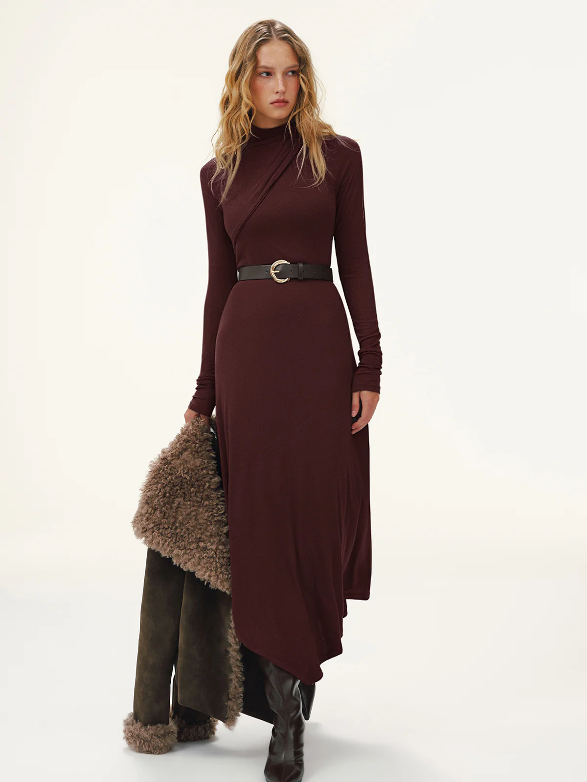Belted Turtleneck Asymmetric Maxi Dress - Wholesalesil