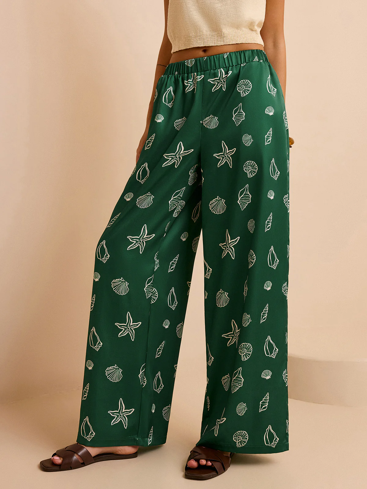 Oversized Mid-Waist Pants with Seashell and Starfish Prints - Wholesalesil