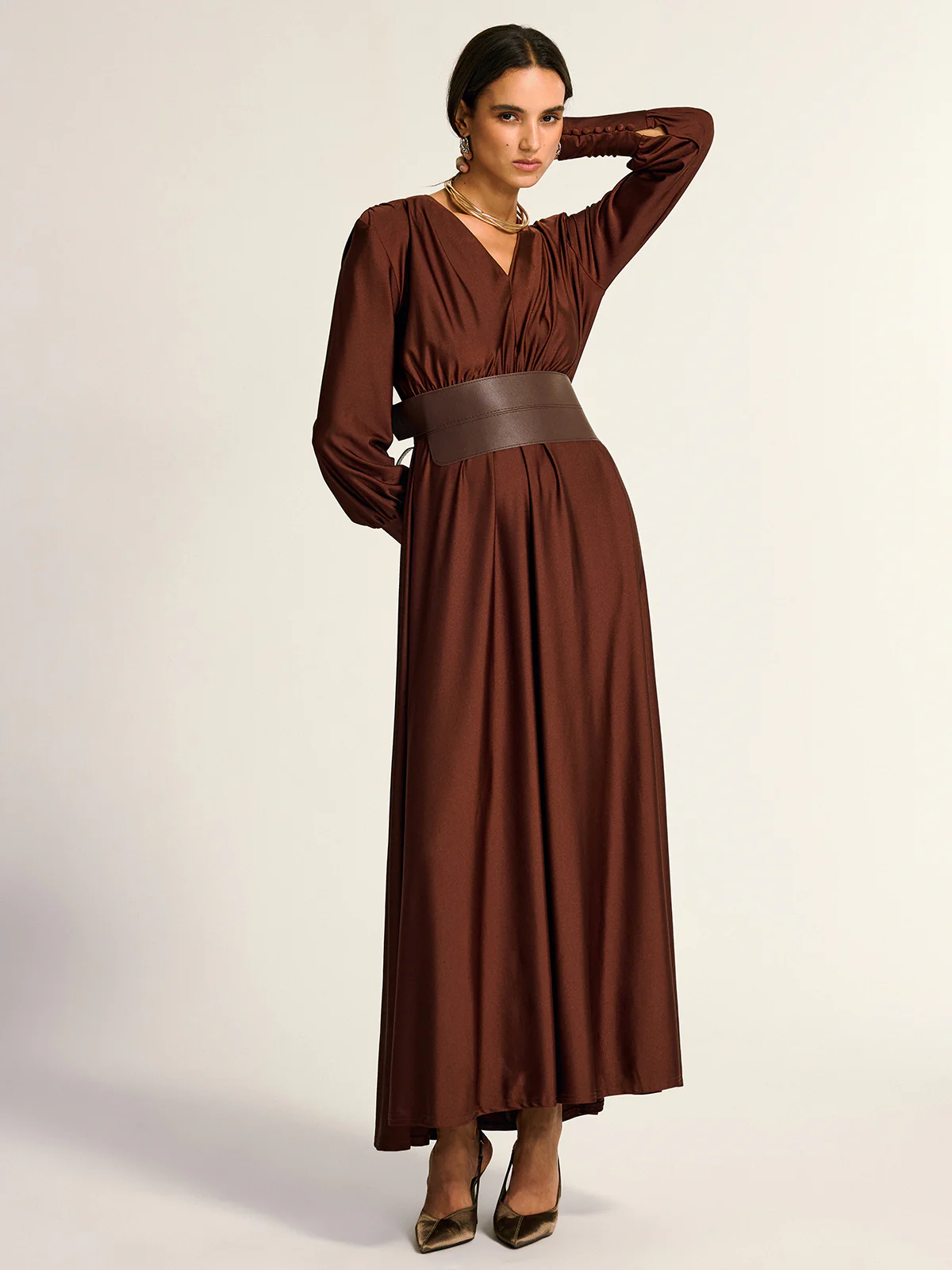 Wide Belted Long Sleeve V-Neck Maxi Dress - Wholesalesil