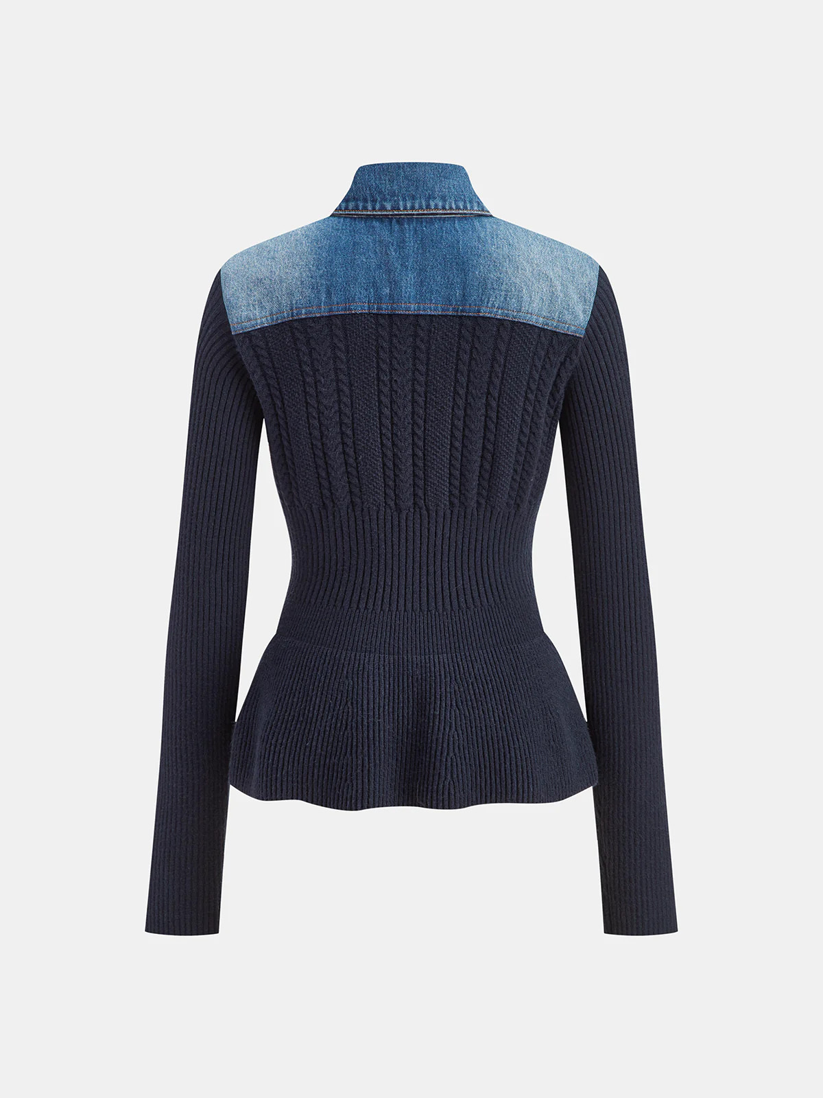 Denim Collar Cable Knit Button-Front Peplum Cardigan - Wholesalesil