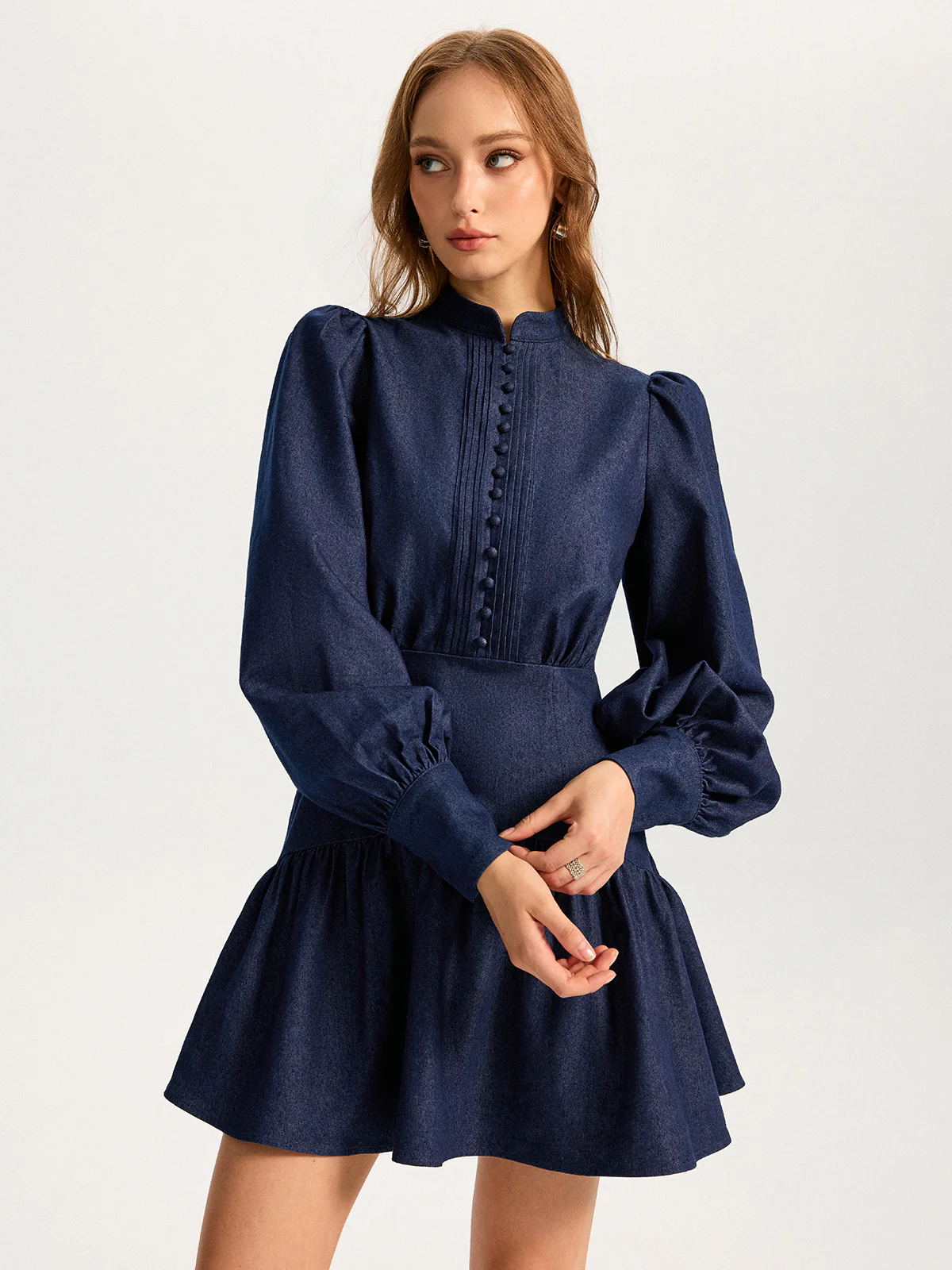 Denim Stand Collar Puff Sleeve Mini Dress - Wholesalesil