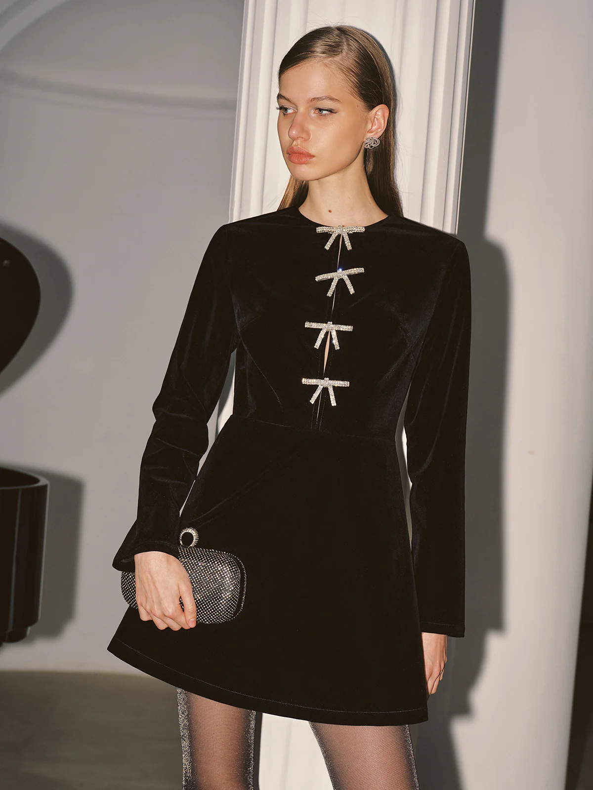 Crystal Bow Detail Velvet Mini Dress - Wholesalesil