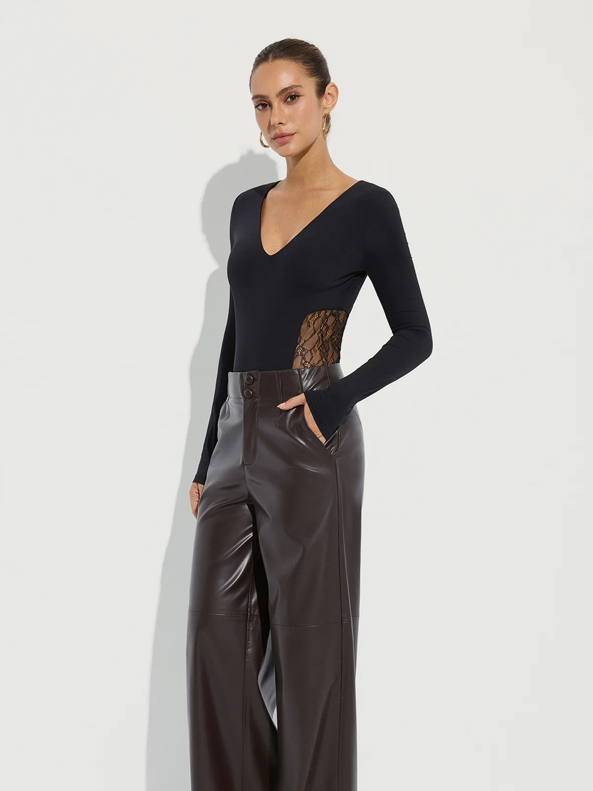 Bra-Free Deep V-Neck Lace Panel Bodysuit - Wholesalesil