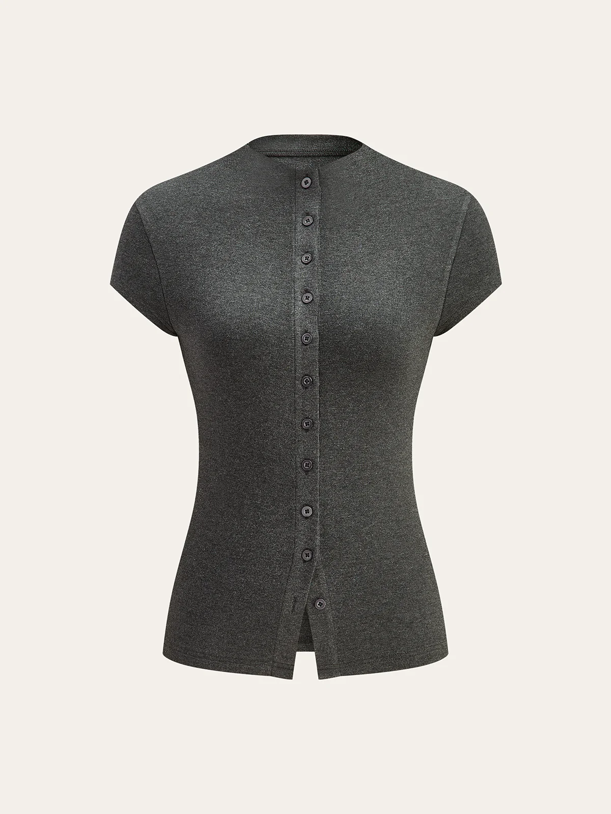 Mock Neck Cap-Sleeve Button T-Shirt - Wholesalesil