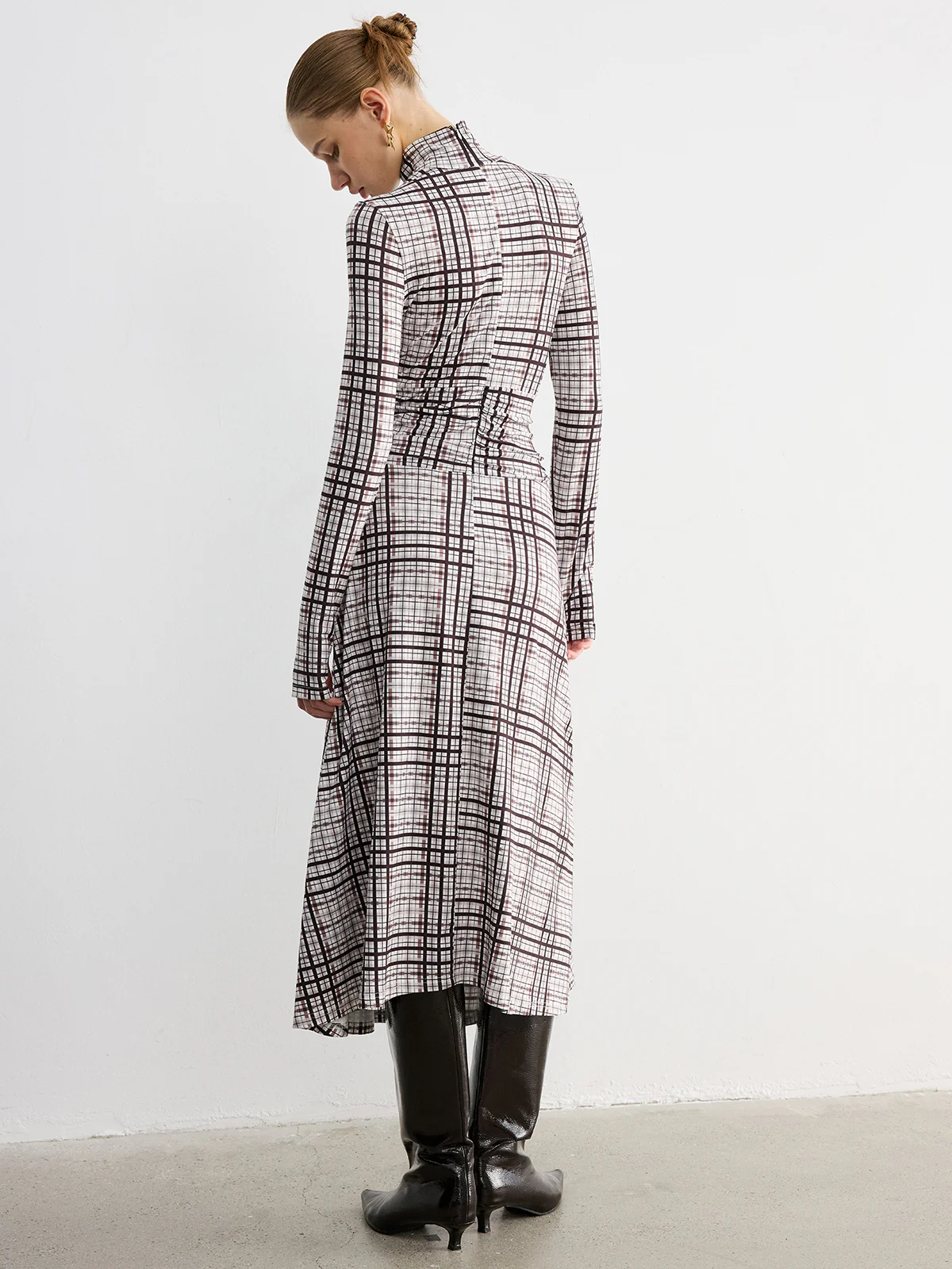 Checked Long-Sleeve Mock Neck Maxi Dress - Wholesalesil
