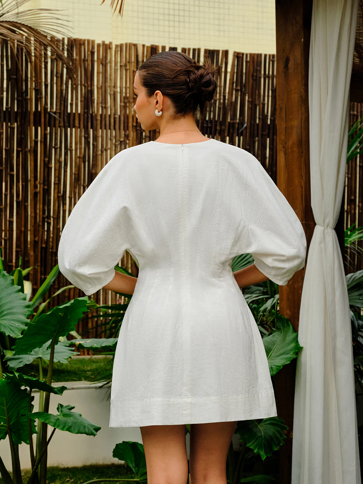 Cotton-Linen Blend V-Neck Puff Sleeve Dress - Wholesalesil