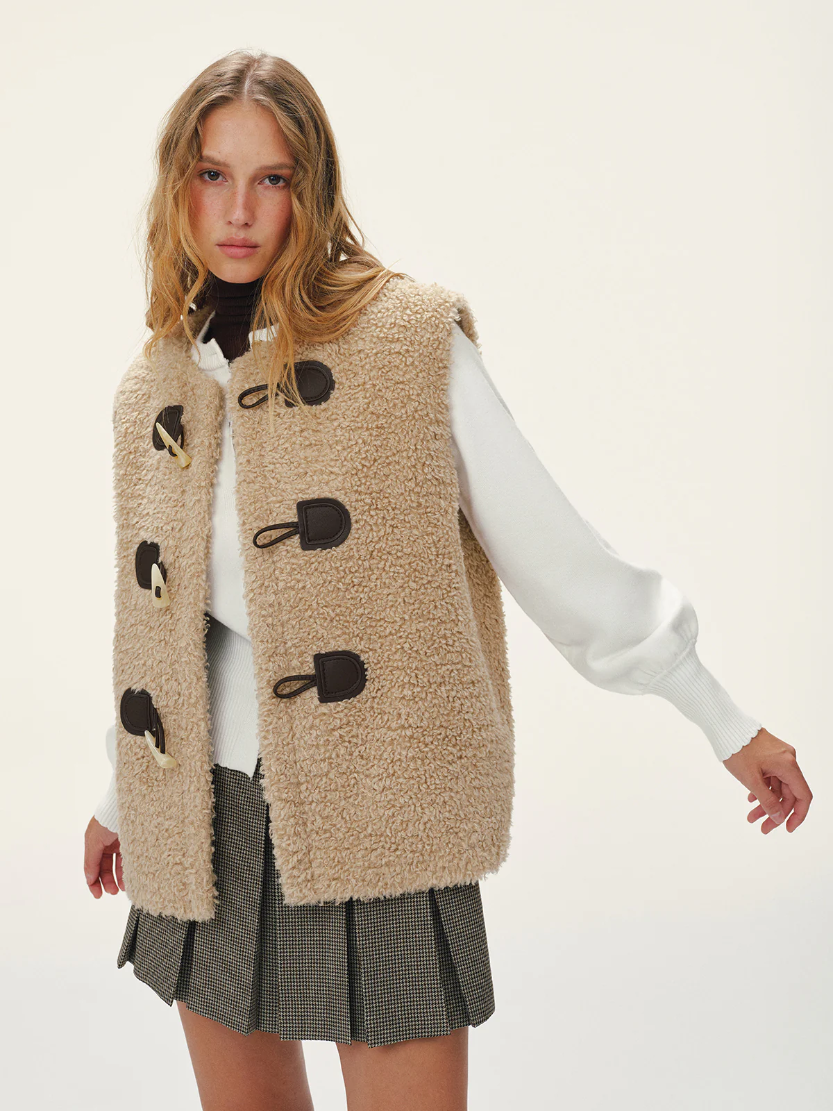 Faux Leather Buckle Fleece Sleeveless Vest - Wholesalesil