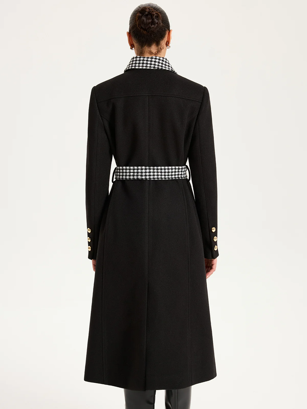 Belted Houndstooth Collar Long Coat - Wholesalesil