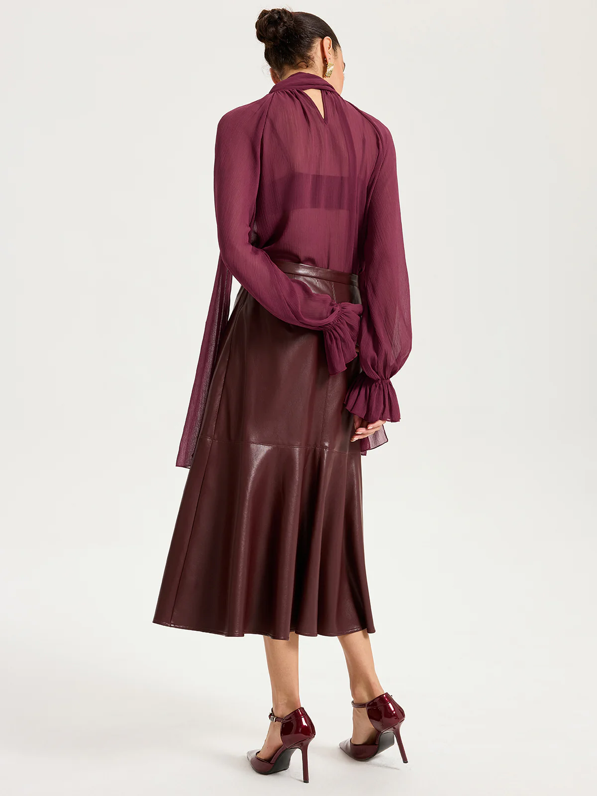 Scarf Neck Semi-Sheer Chiffon Blouse - Wholesalesil