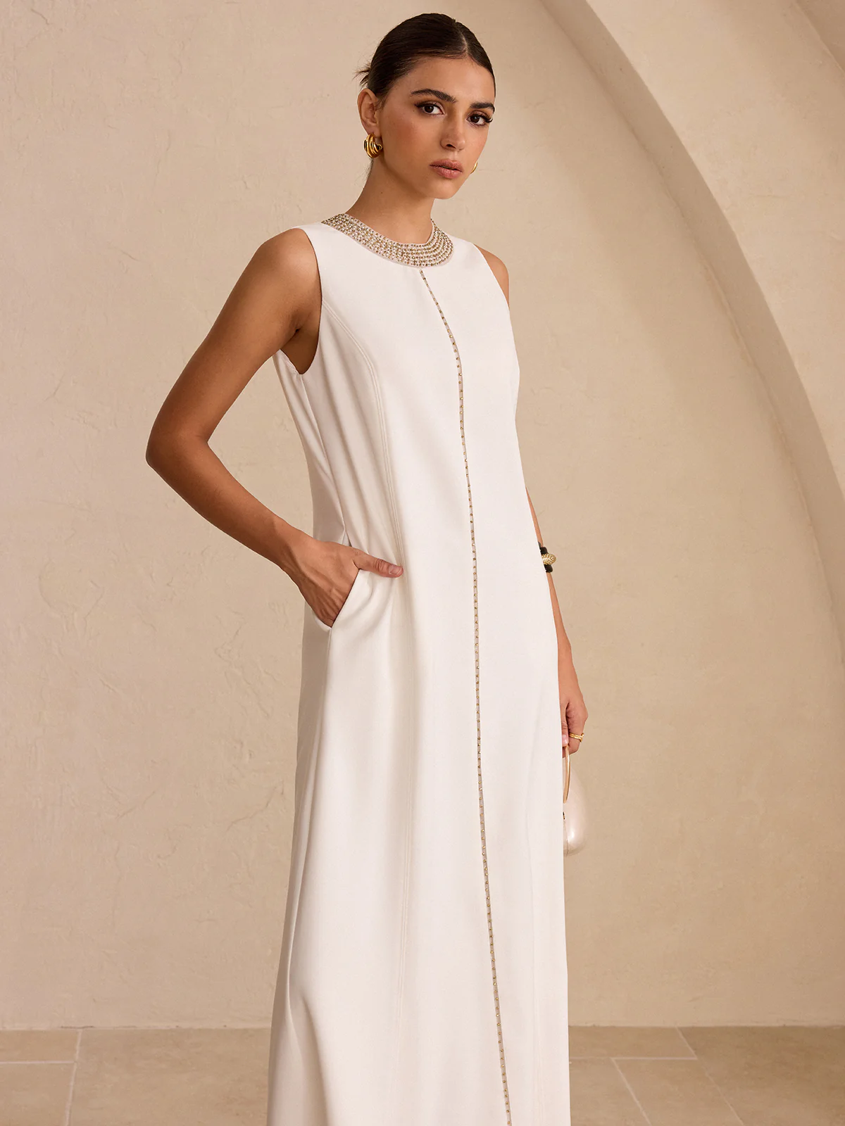 Hand-Beaded Neckline Pocket Maxi Dress - Wholesalesil