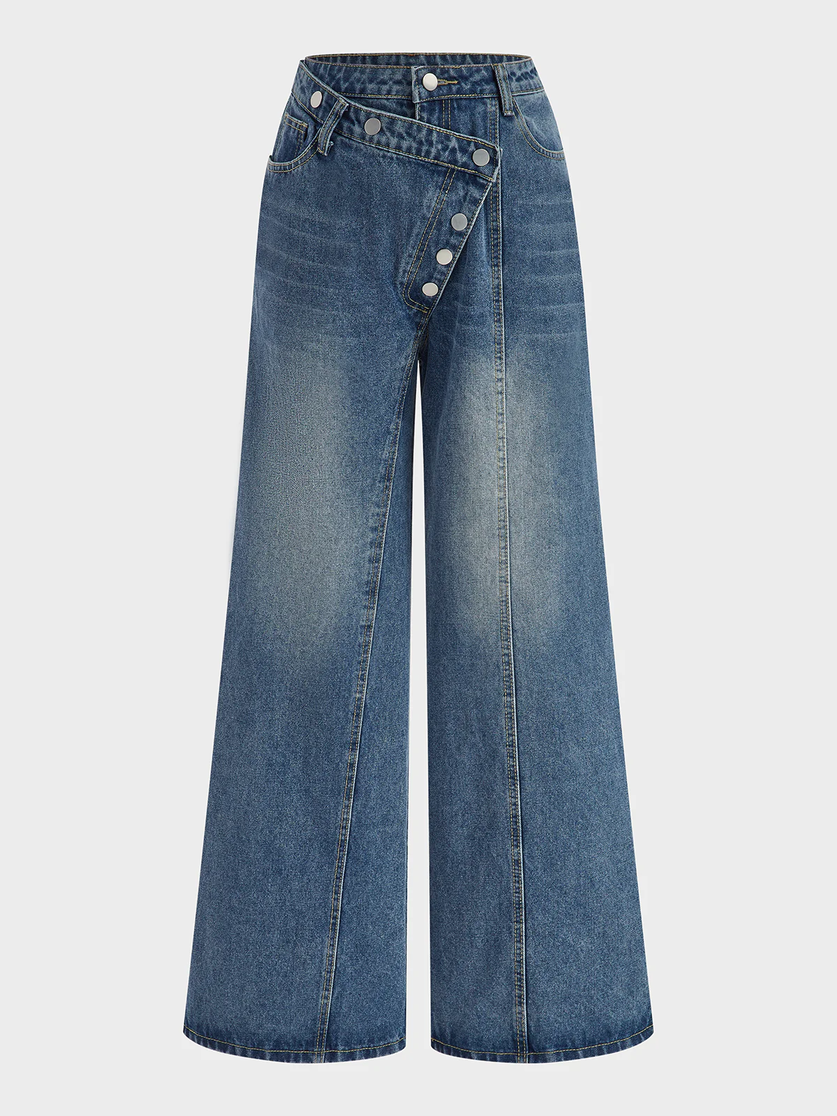 Denim Asymmetric Button Pants - Wholesalesil
