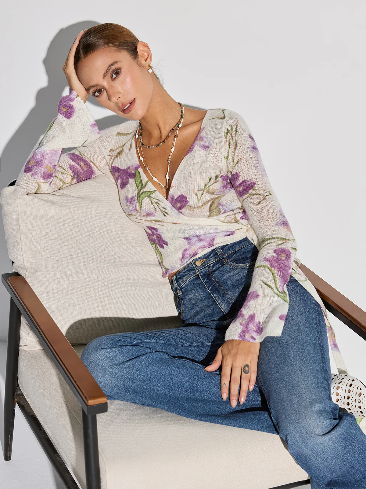 Floral Print Wrap Tie Knit Top - Wholesalesil