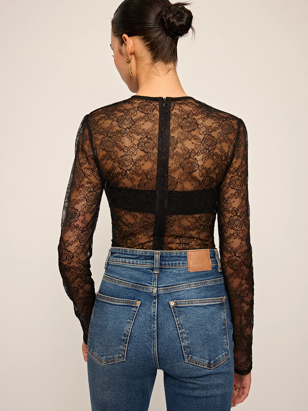 Semi-Sheer Lace Ruched Long Sleeve Top - Wholesalesil