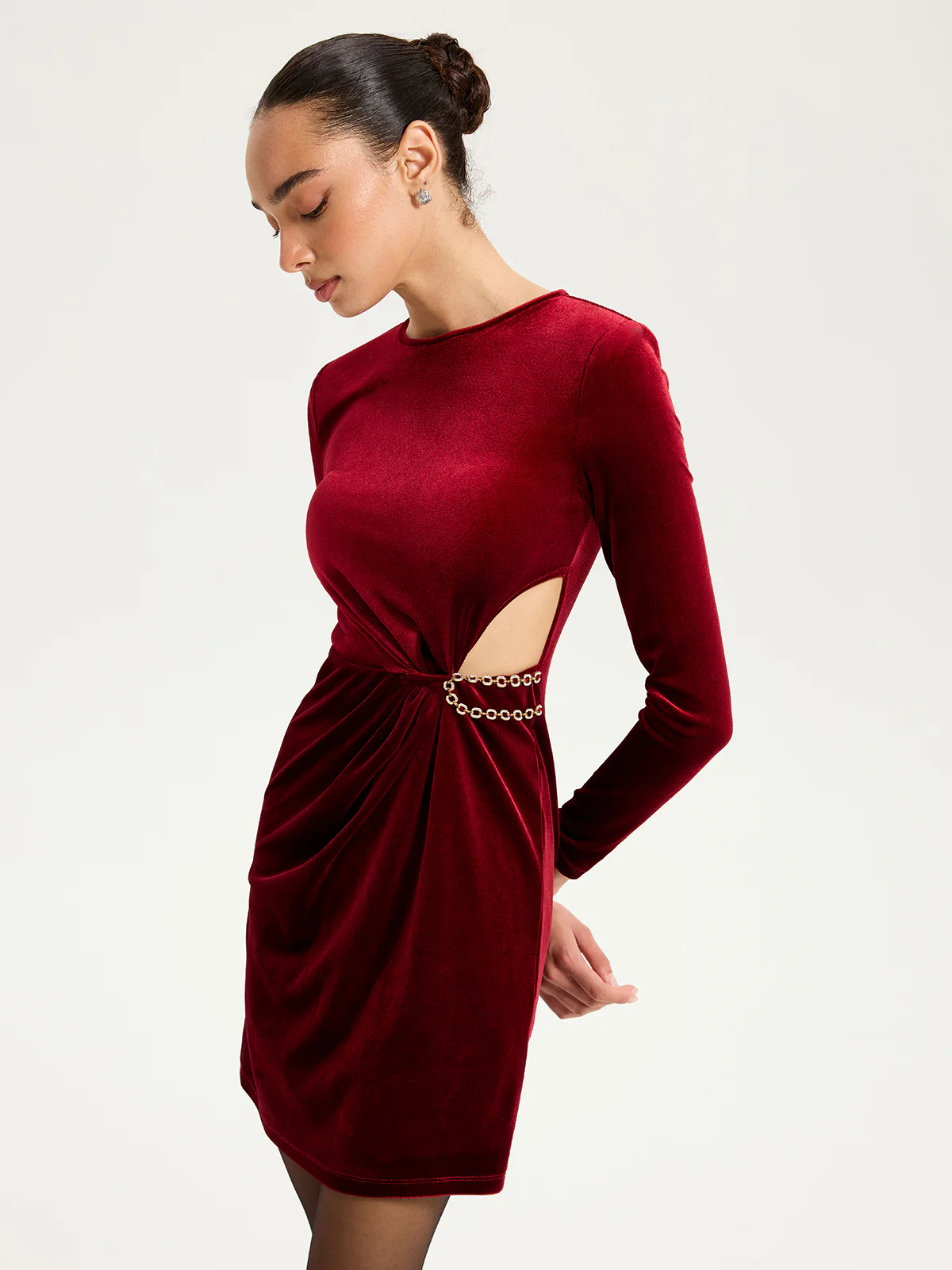 Chain Detail Cut-Out Velvet Mini Dress - Wholesalesil