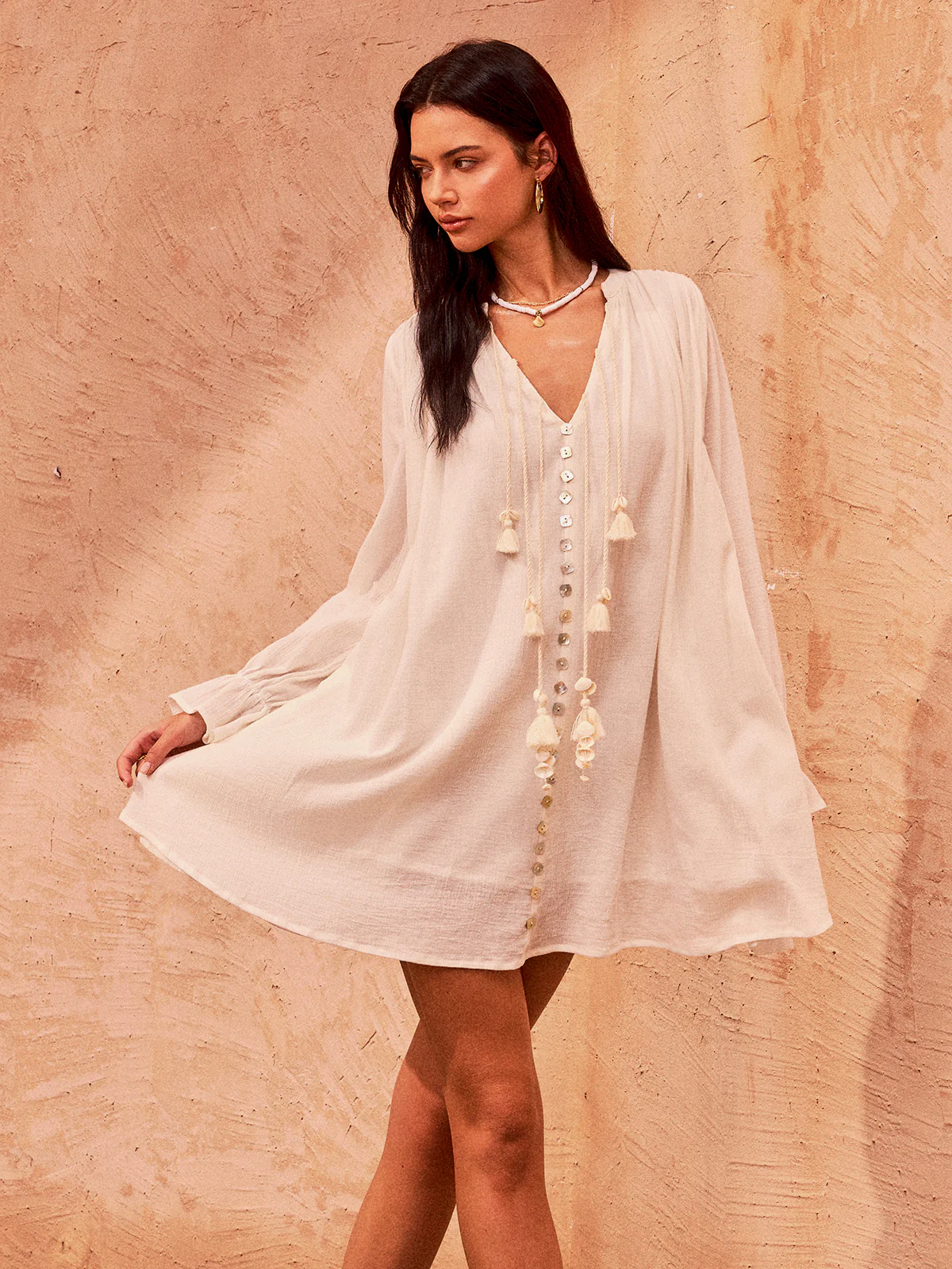 Tasseled Button Cotton Mini Dress - Wholesalesil