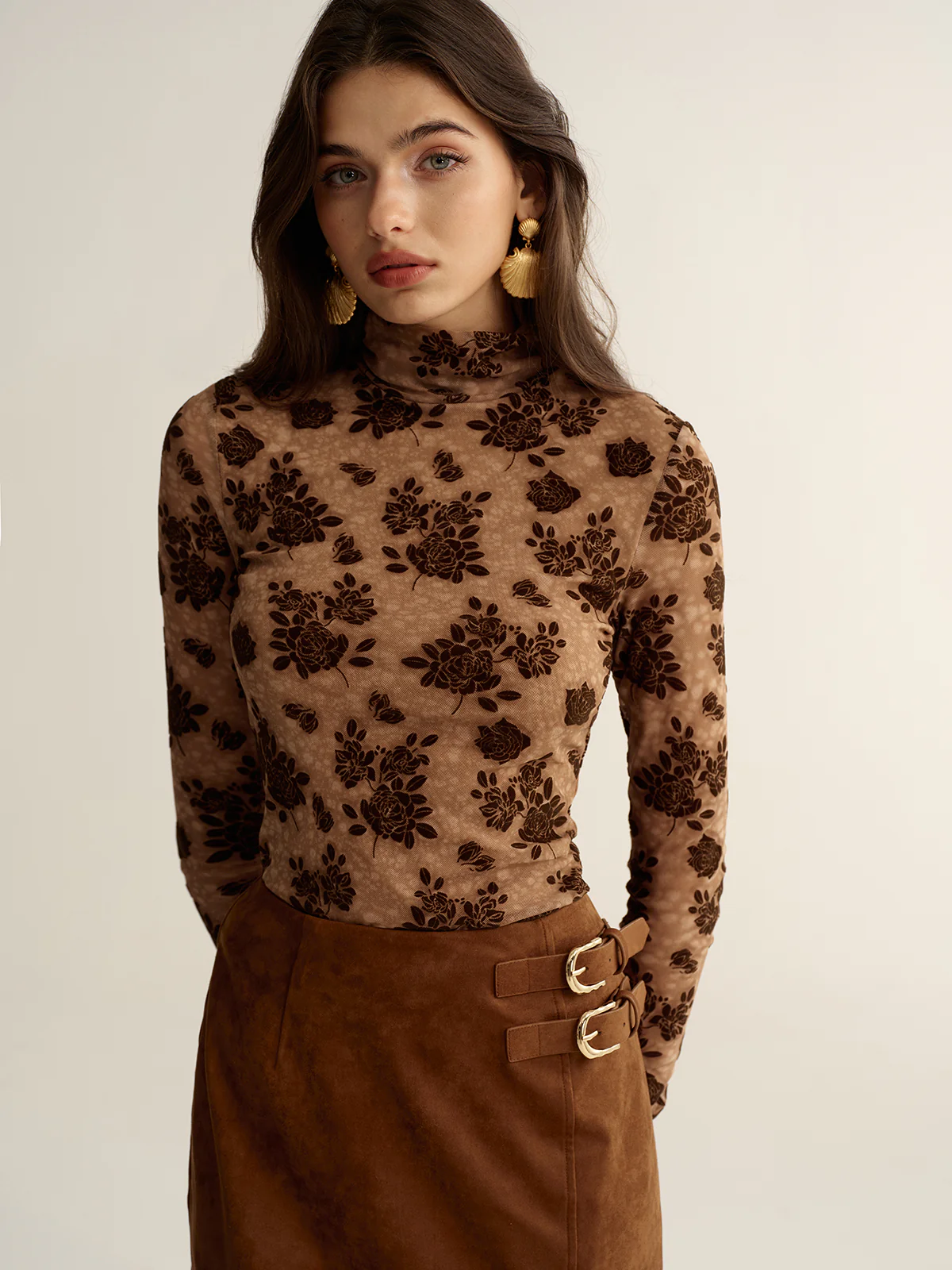 Floral Mesh Mock Neck Long Sleeve Top - Wholesalesil