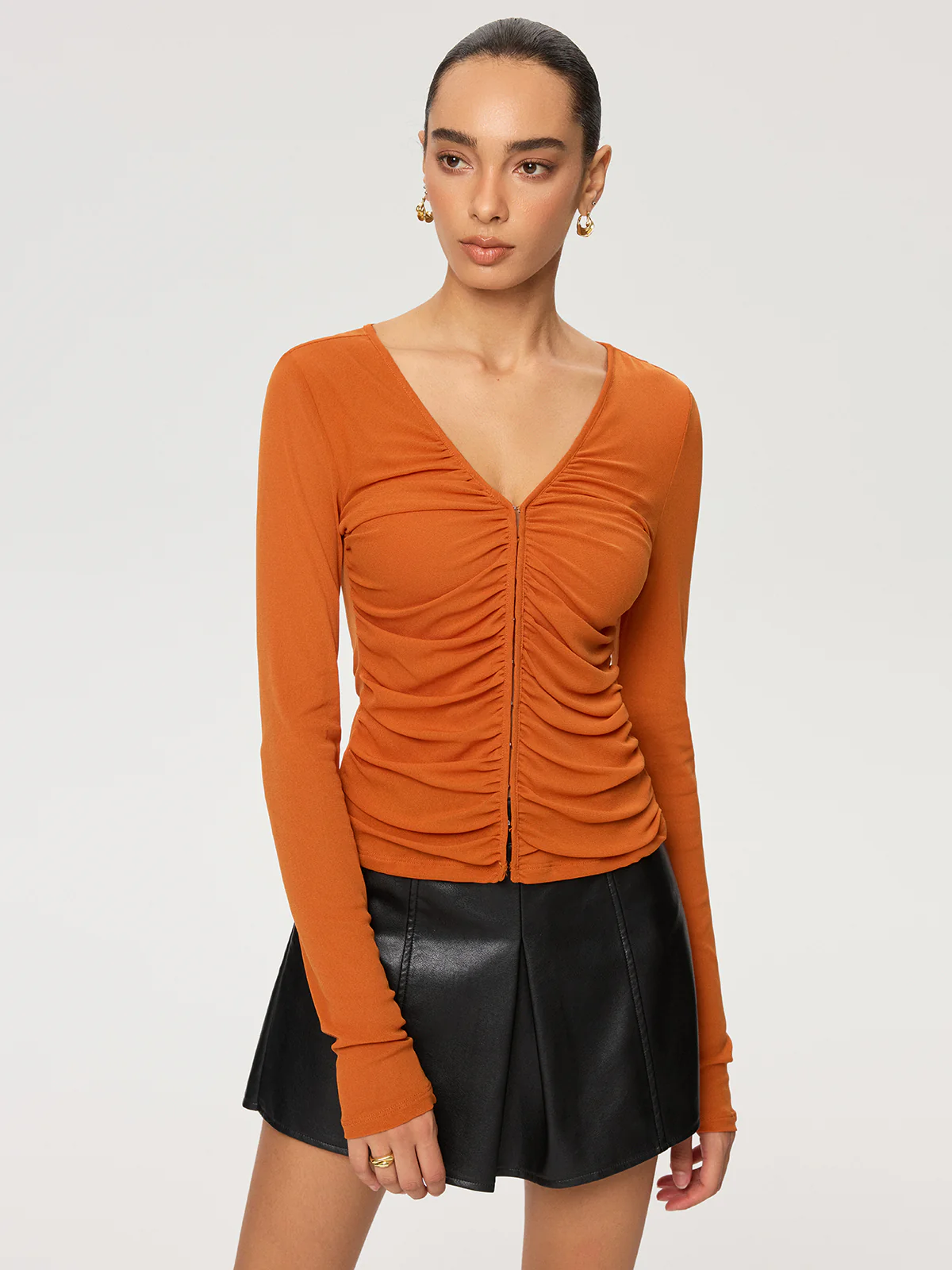 Hook-Eye Ruched V-Neck Long Sleeve Top - Wholesalesil
