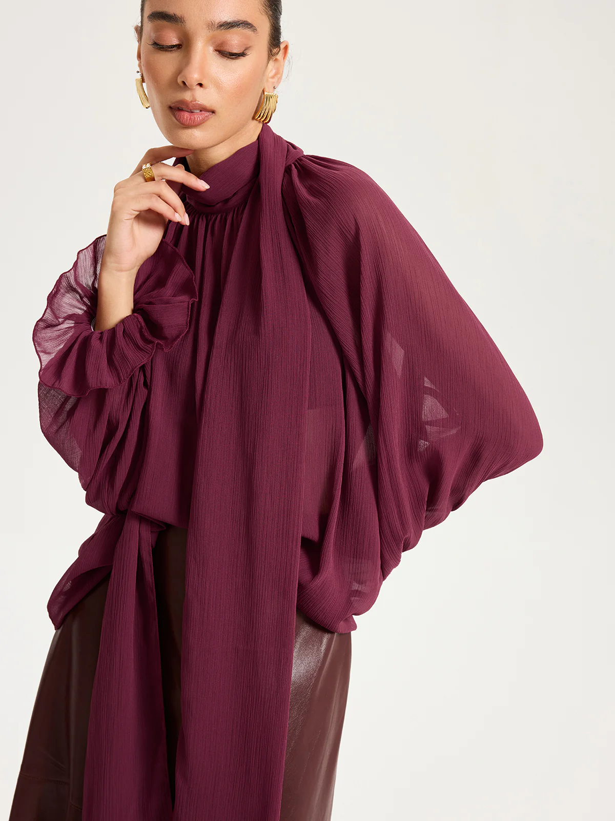 Scarf Neck Semi-Sheer Chiffon Blouse - Wholesalesil