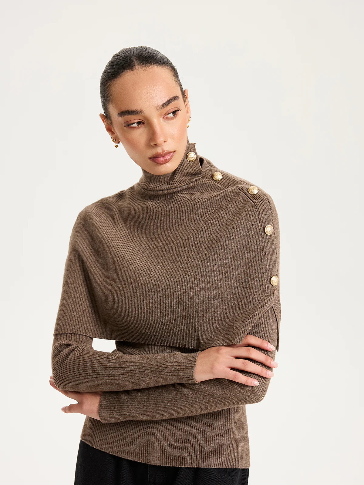 Ribbed Knit Top & Turtleneck Shawl Two-Piece Set - Wholesalesil