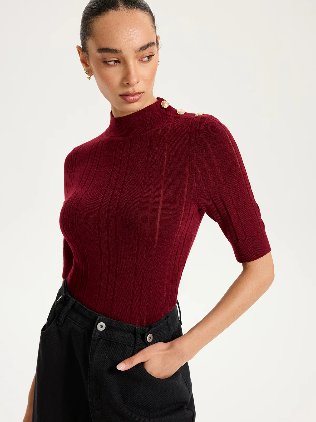 Shoulder Button Mock Neck Short Sleeve Sweater - Wholesalesil
