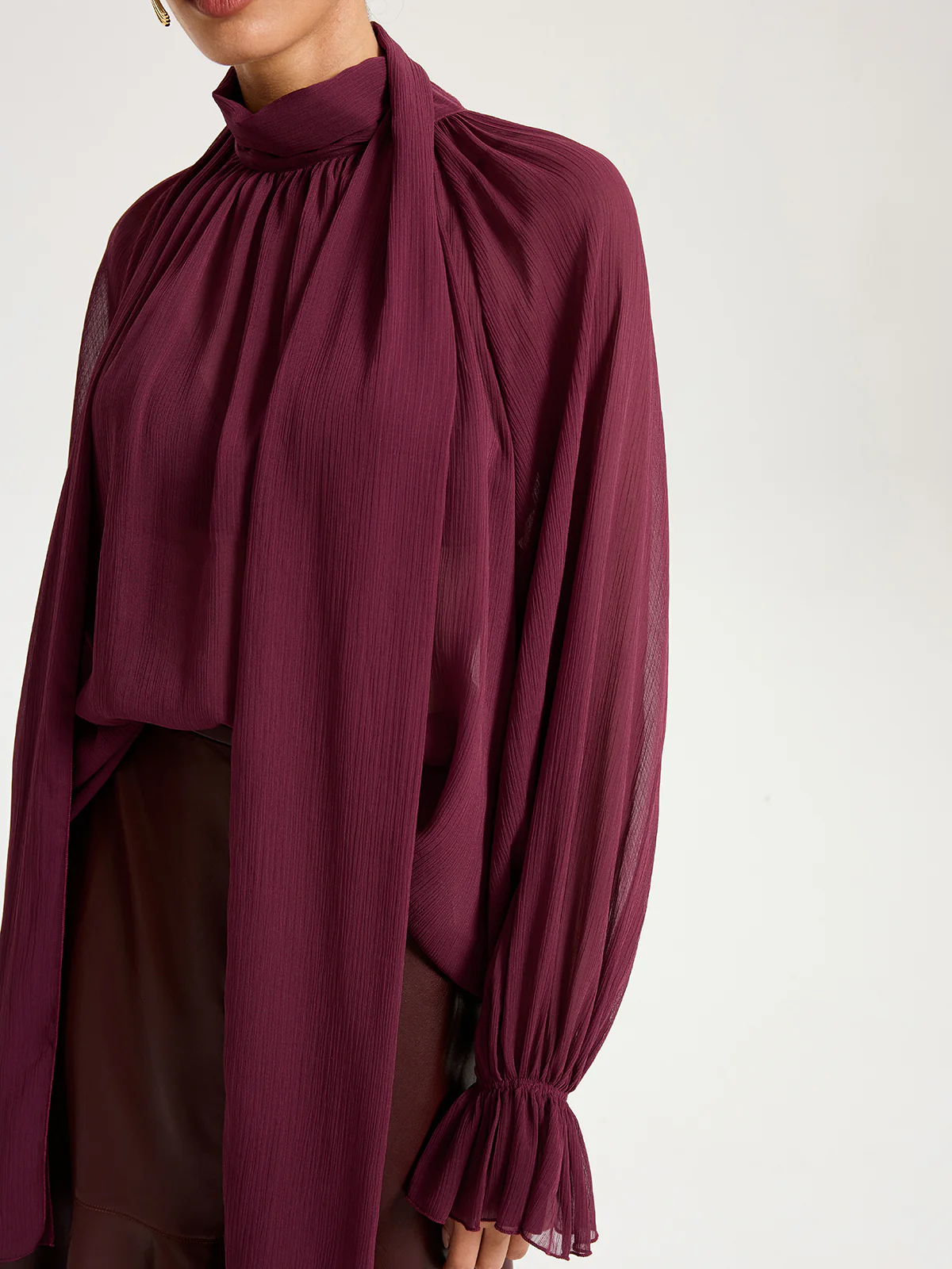 Scarf Neck Semi-Sheer Chiffon Blouse - Wholesalesil