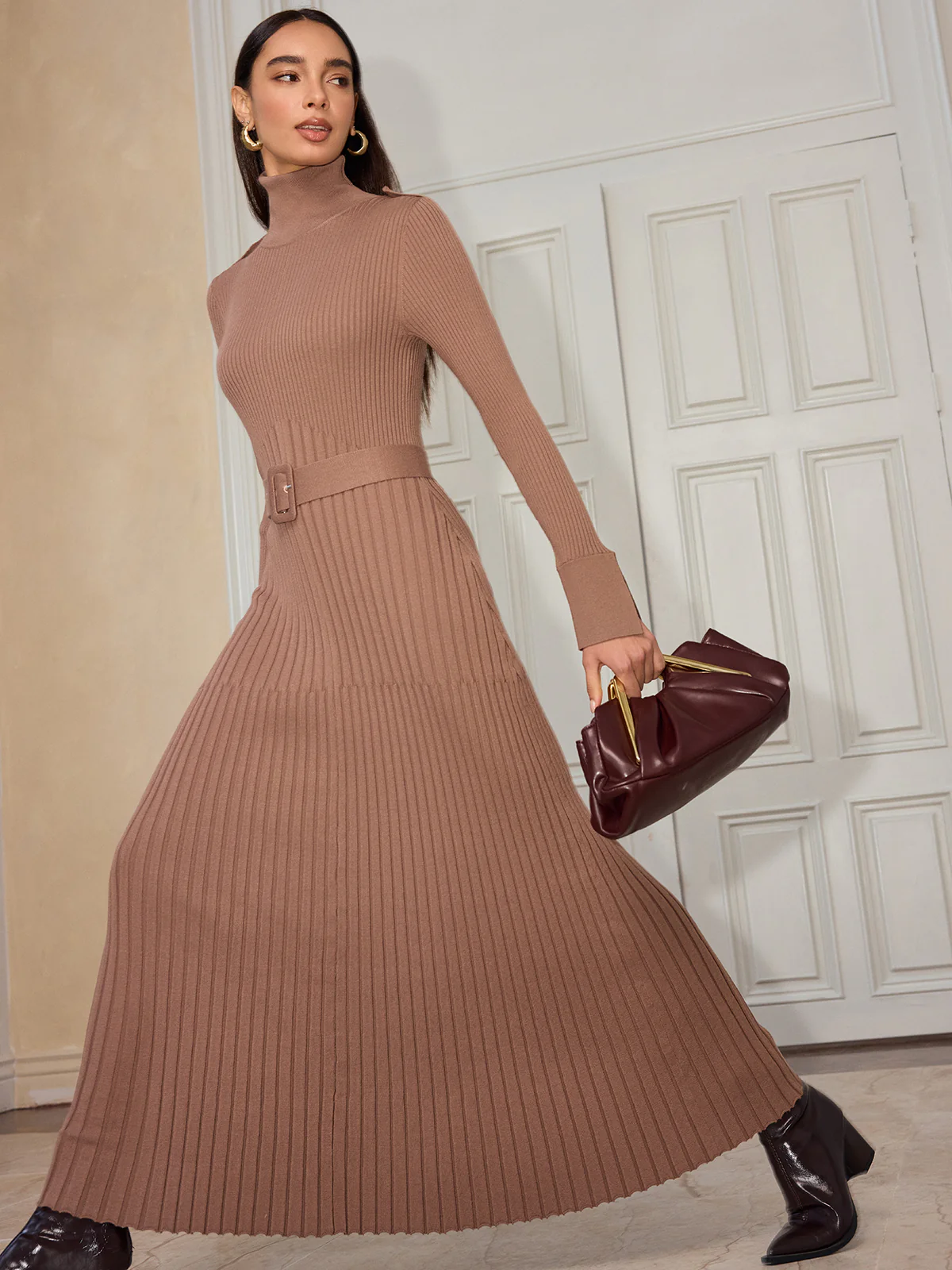 Belted Flared Cuff Turtleneck Maxi Dress - Wholesalesil