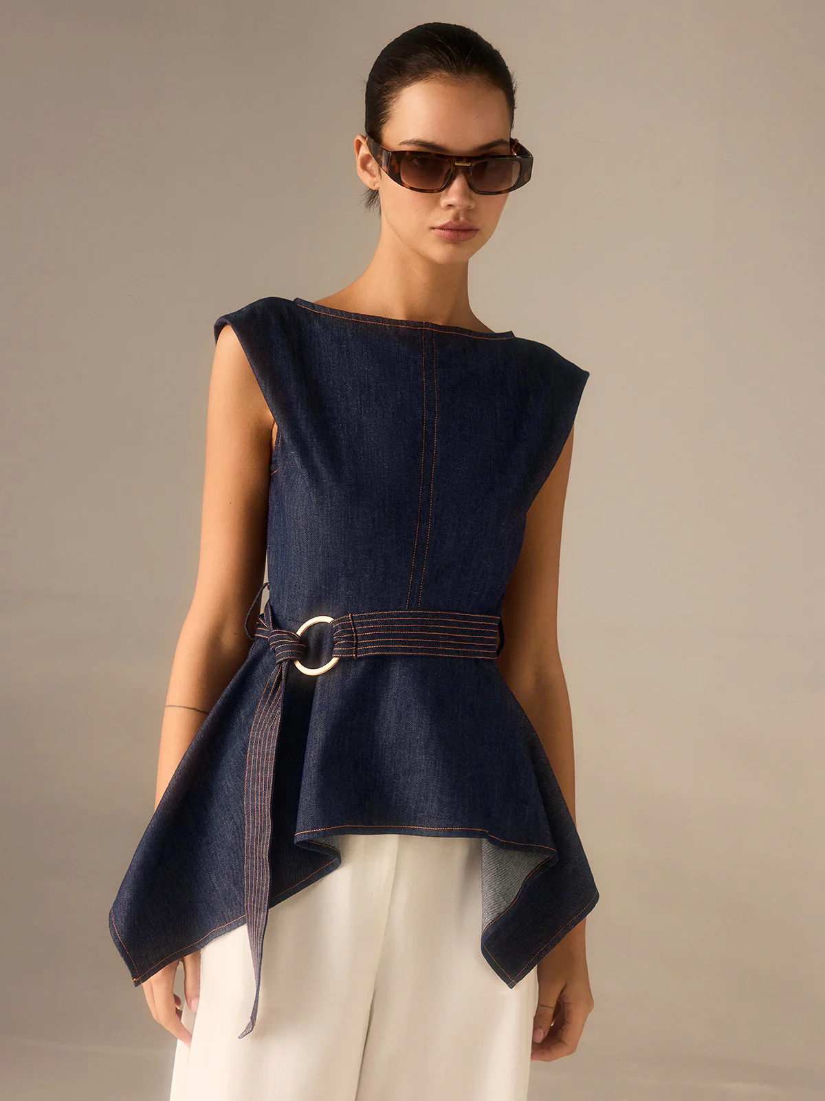 Denim Peplum Belted Top with Asymmetric Hem - Wholesalesil