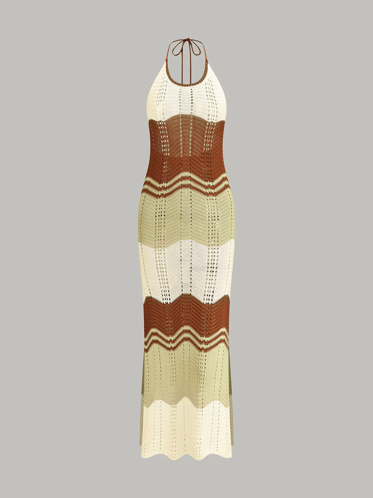 Semi-Sheer Contrast Stripe Crochet Halter Maxi Dress - Wholesalesil