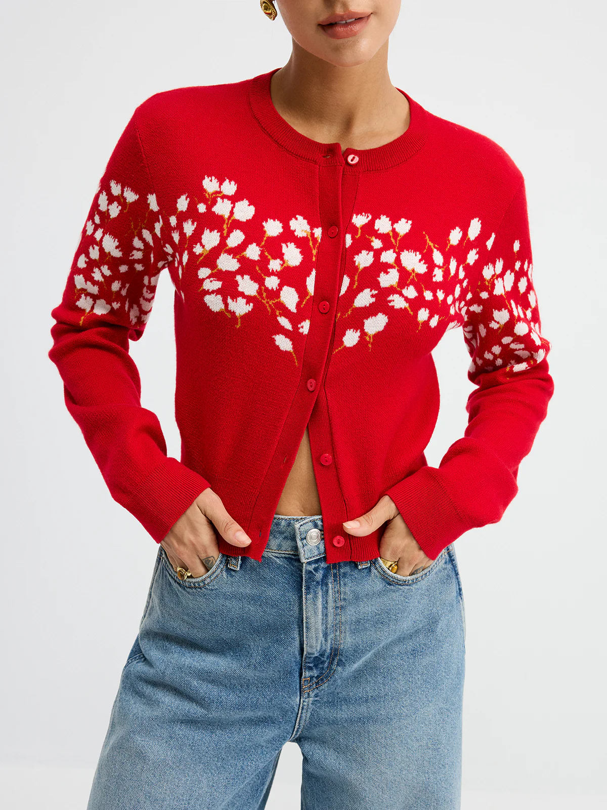 Floral-Patterned Wool Blend Cardigan - Wholesalesil