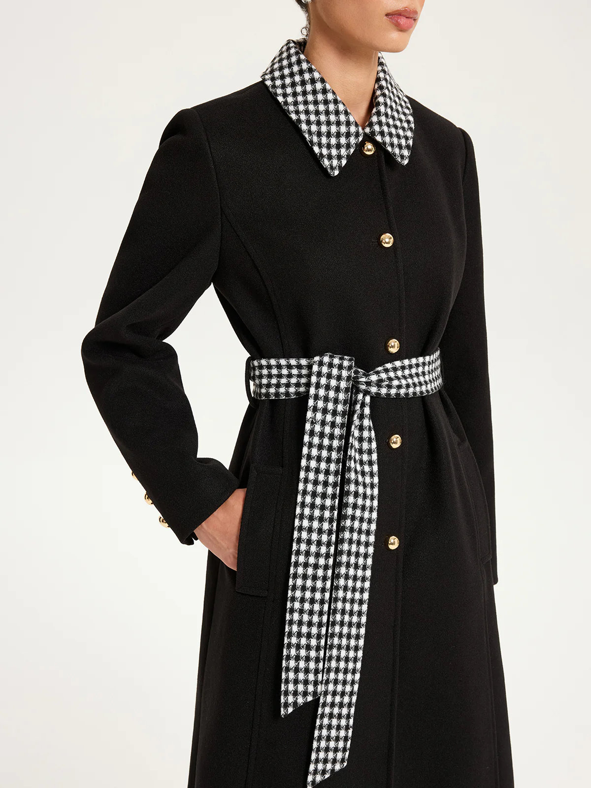 Belted Houndstooth Collar Long Coat - Wholesalesil