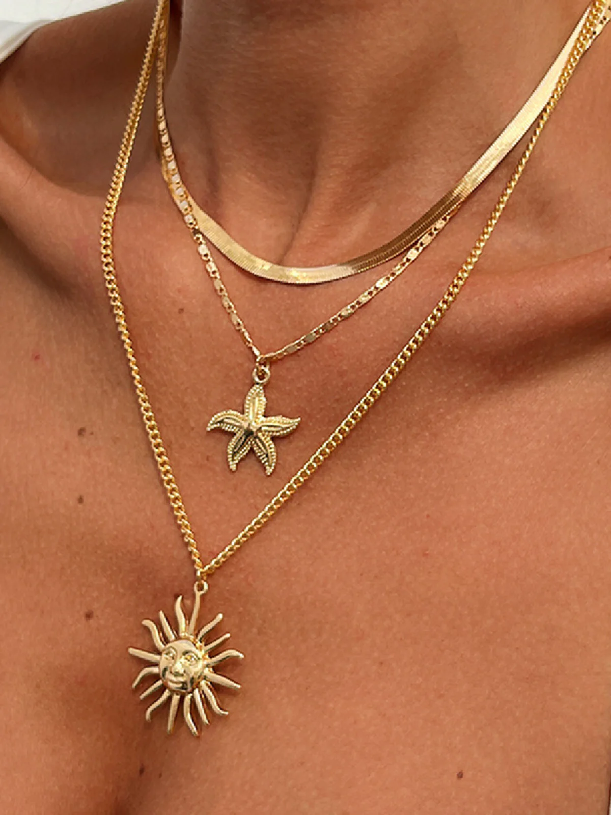Multi-Layered Gold Sun And Starfish Necklace Set - Wholesalesil