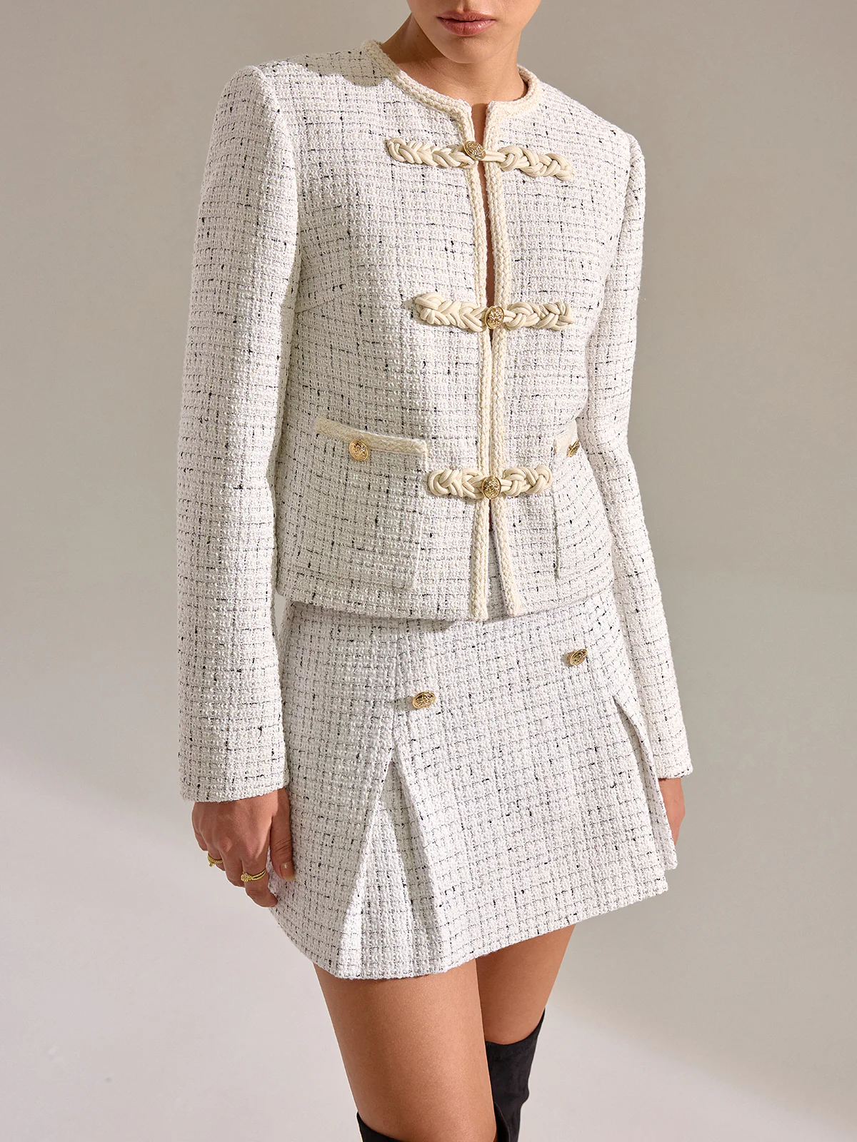 Metal Detail Knot Button Tweed Jacket - Wholesalesil