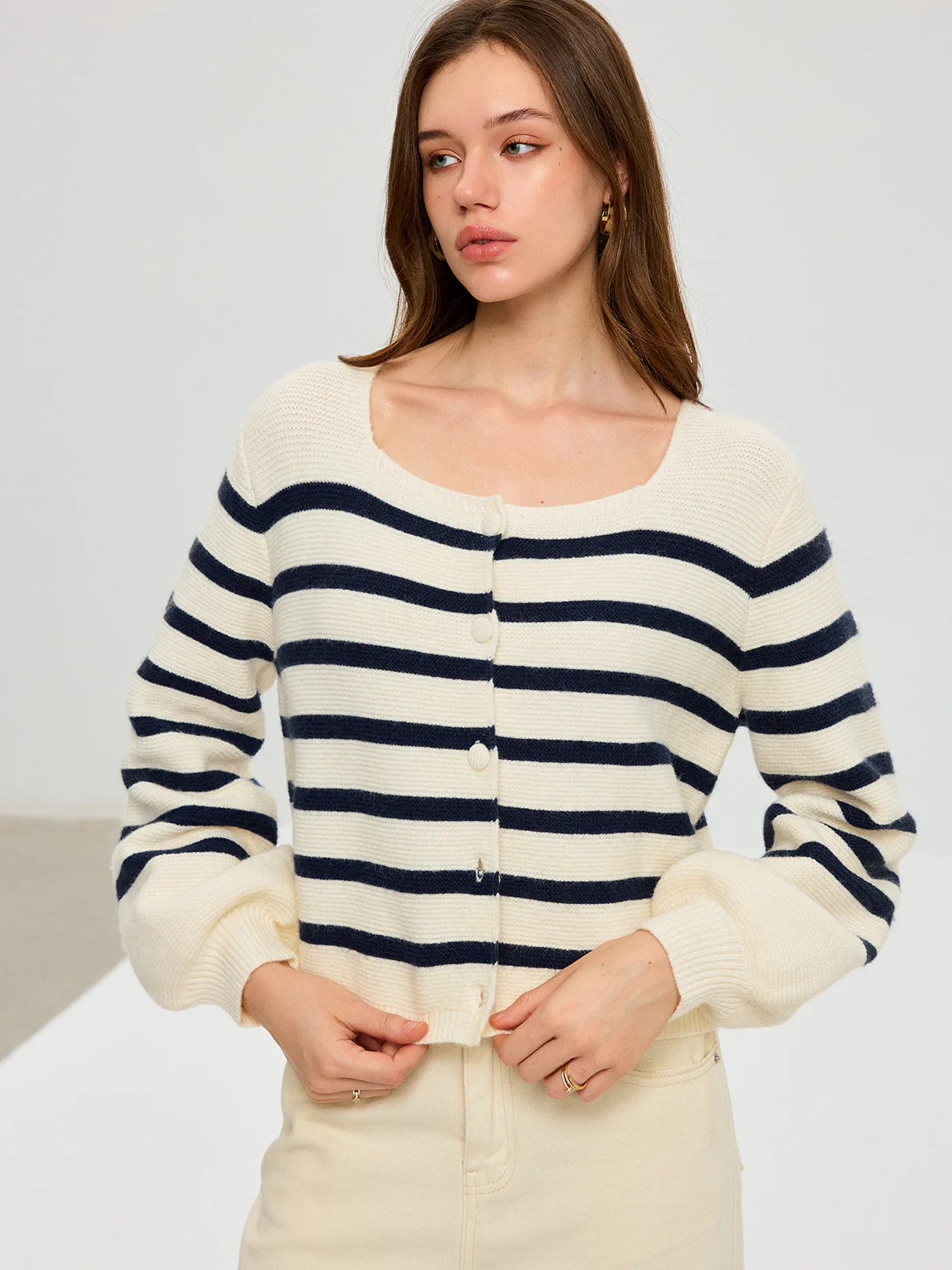 Striped Square Neck Lantern Sleeve Knit Cardigan - Wholesalesil