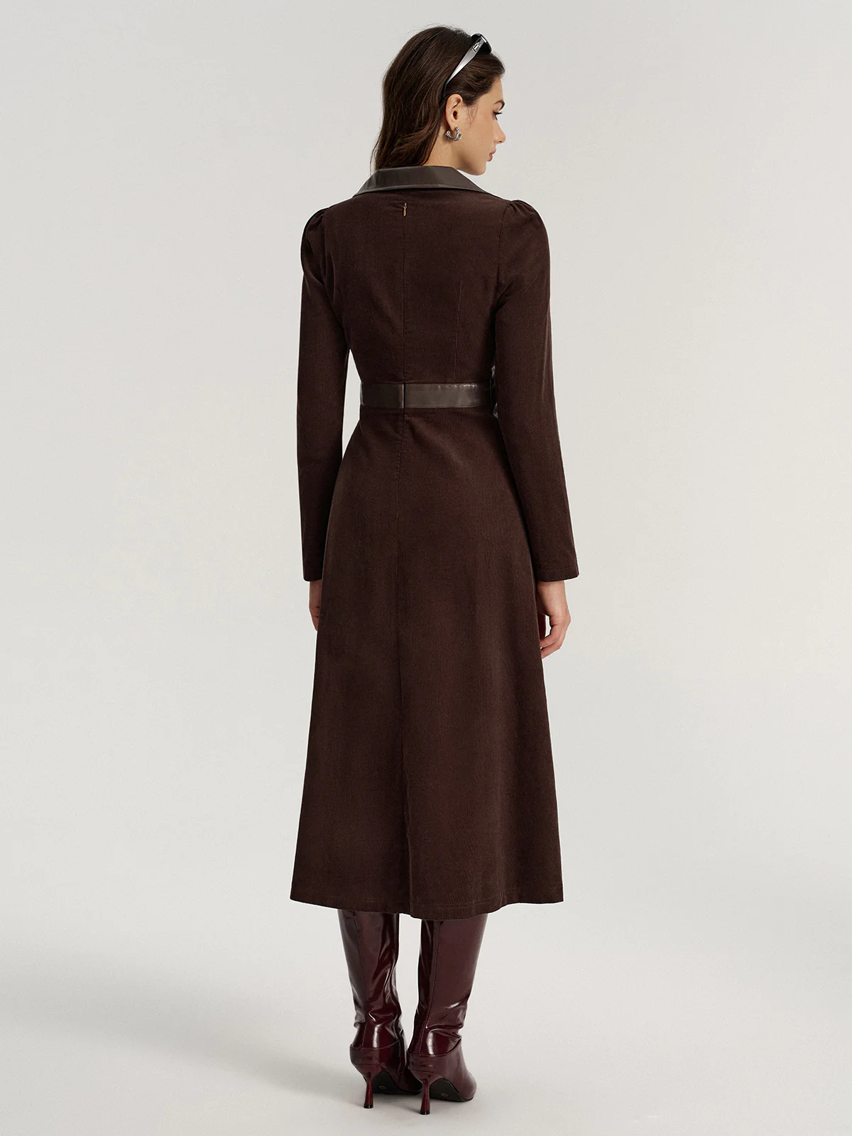 Faux Leather Panel Corduroy Midi Dress - Wholesalesil