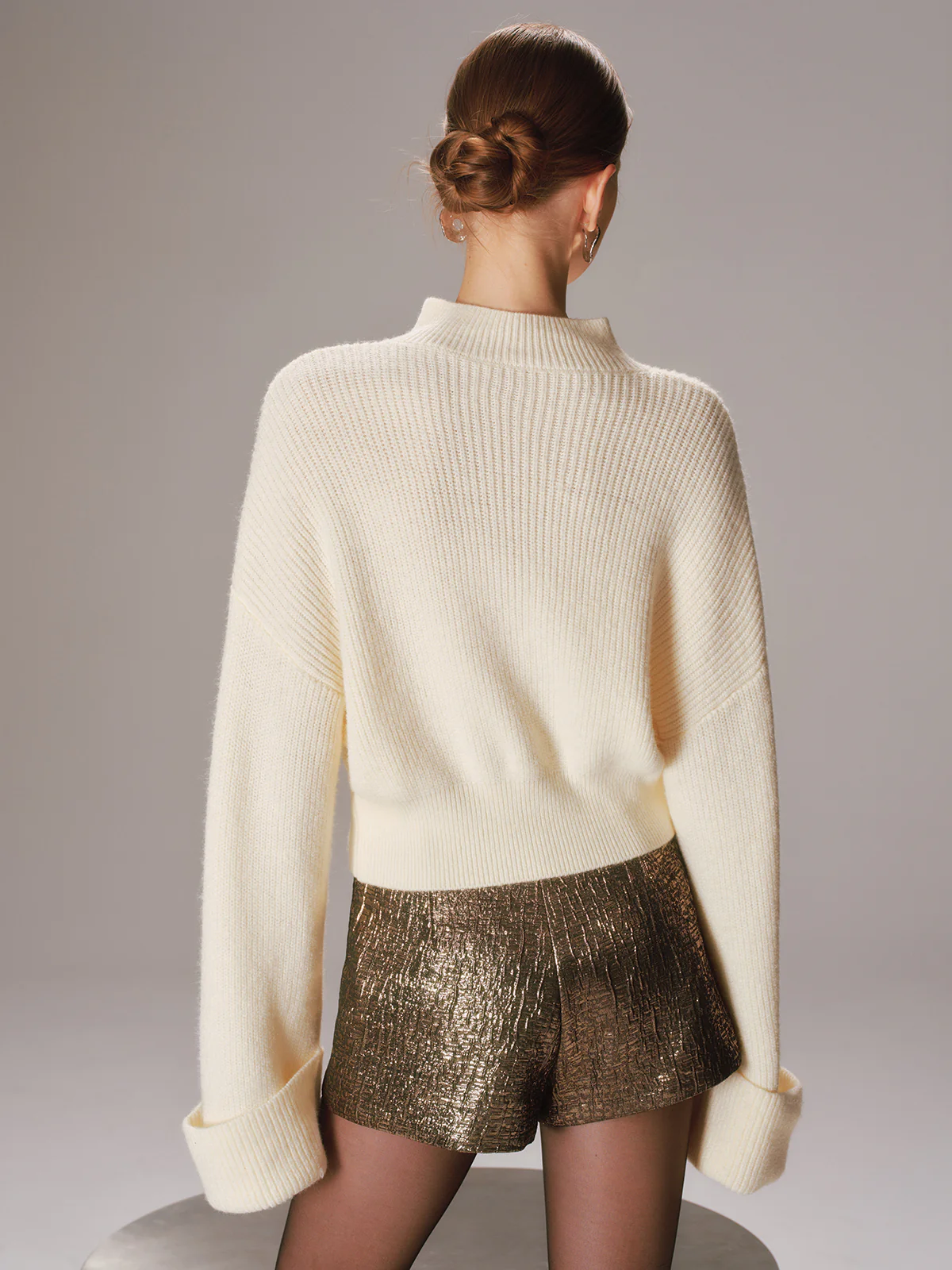 Metal Knot Detail Cuffed Sleeve Sweater - Wholesalesil