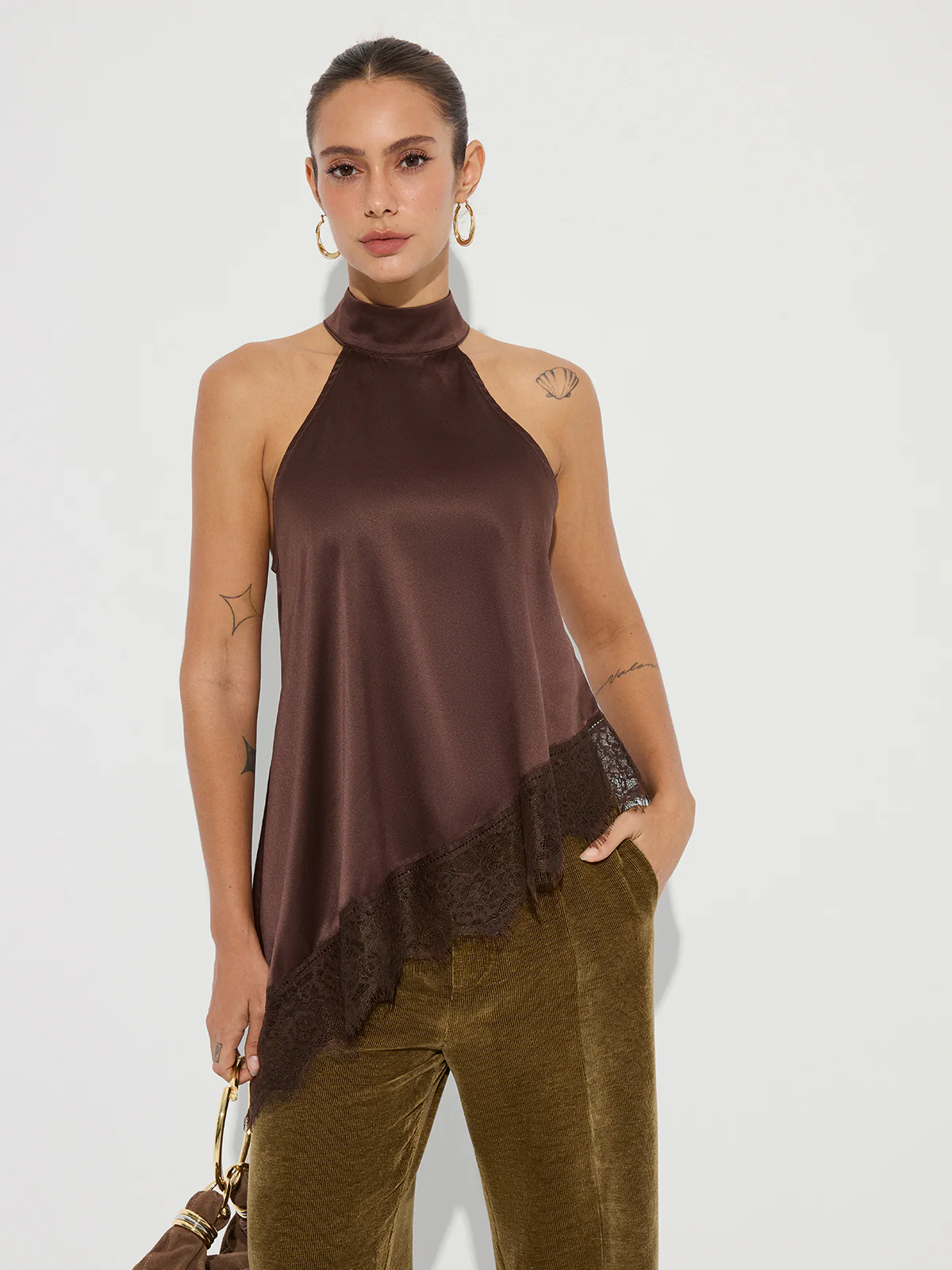 Asymmetric Lace Hem Satin Halter Top - Wholesalesil